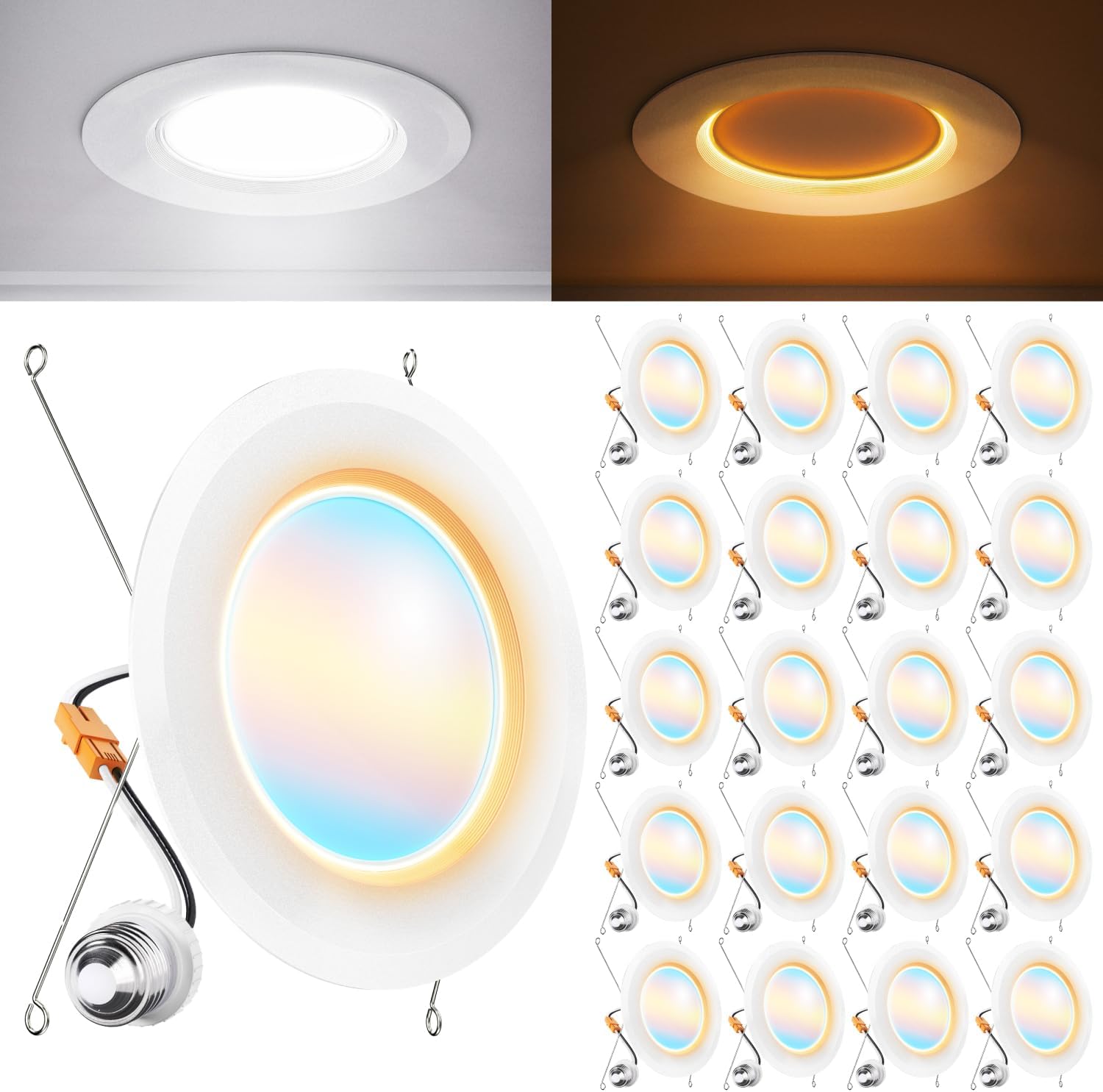 Sunco 20 Pack 6 Inch Recessed Light with Night Light, LED Can Lights Retrofit Lighting, 1000 LM, 12W, Selectable CCT…