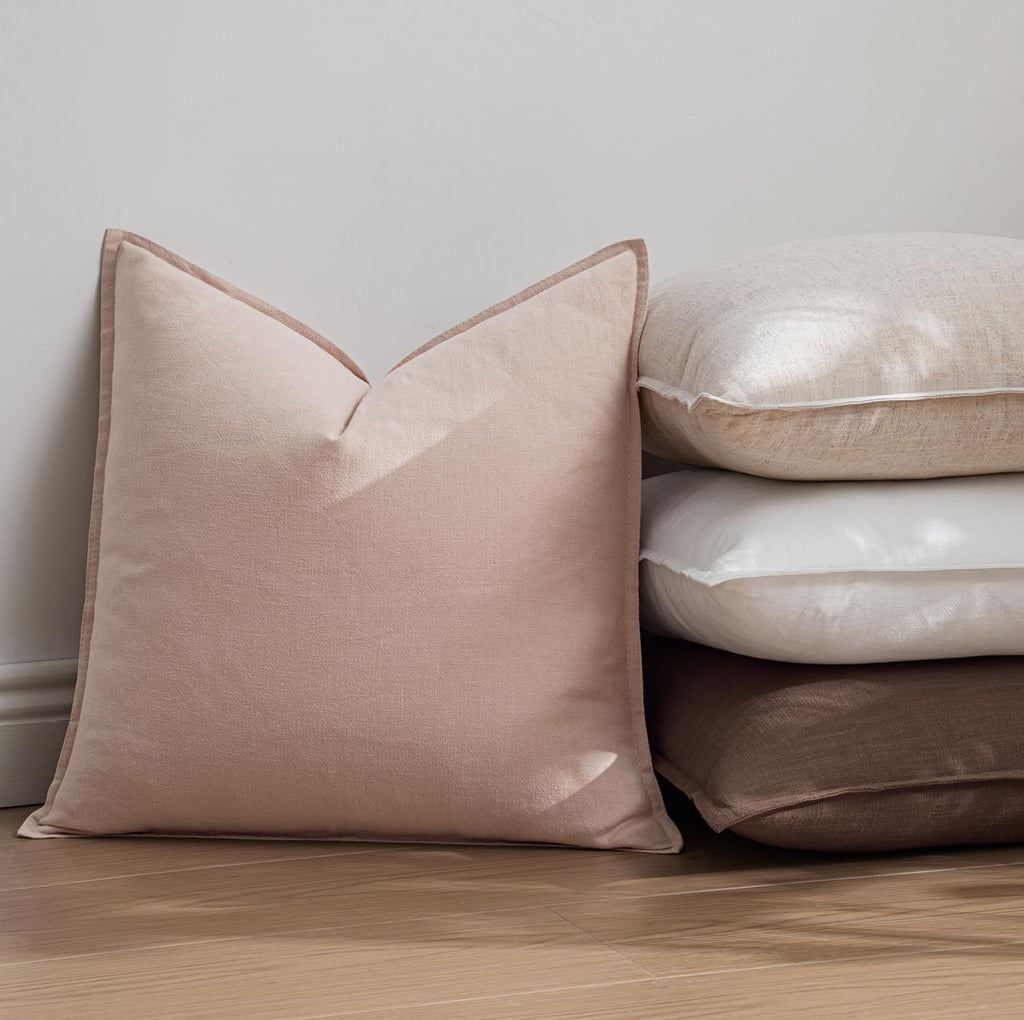 EMEMA Spring Throw Pillow Covers Decorative Linen Pillow Covers 24x24 Inch Pink Boho Farmhouse Neutral Couch Throw Pillows for Bed Pack…