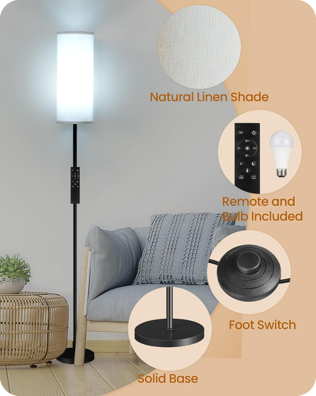 Dimmable Floor Lamp for Living Room with Remote and Foot Switch, Corner Floor Lamp, Modern Standing Tall Lamp, 10W 900LM LED Bulb…