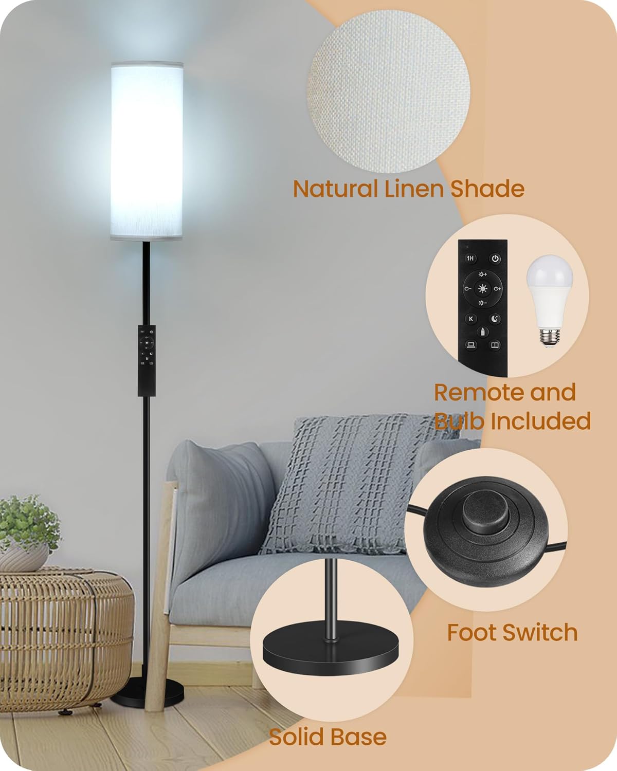 Dimmable Floor Lamp for Living Room with Remote and Foot Switch, Corner Floor Lamp, Modern Standing Tall Lamp, 10W 900LM LED Bulb…