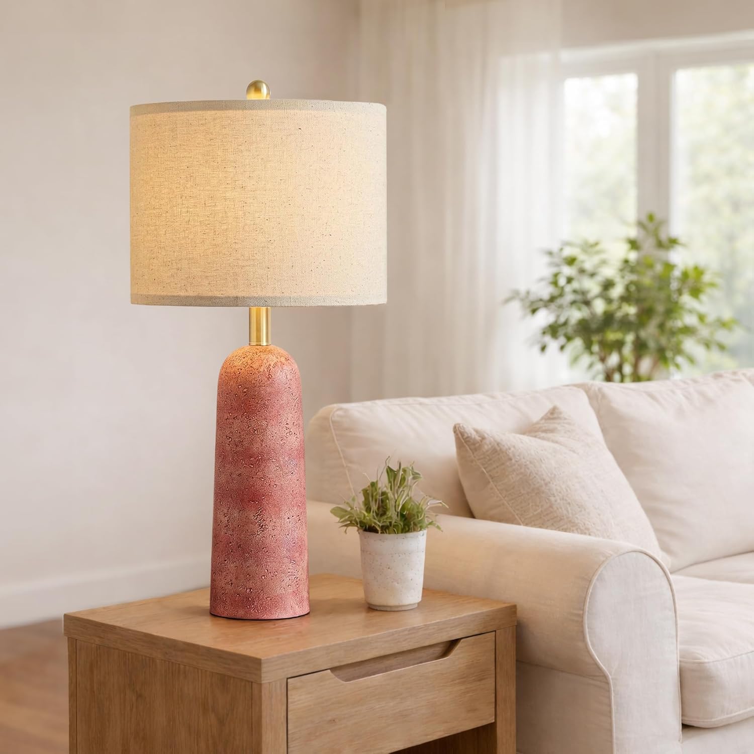 BOBOMOMO 27.25" Modern Table Lamp Set of 2, Red Resin Table Lamps with Stone Look, Lamps for Living Room with Linen Shades, Bedside Lamps…