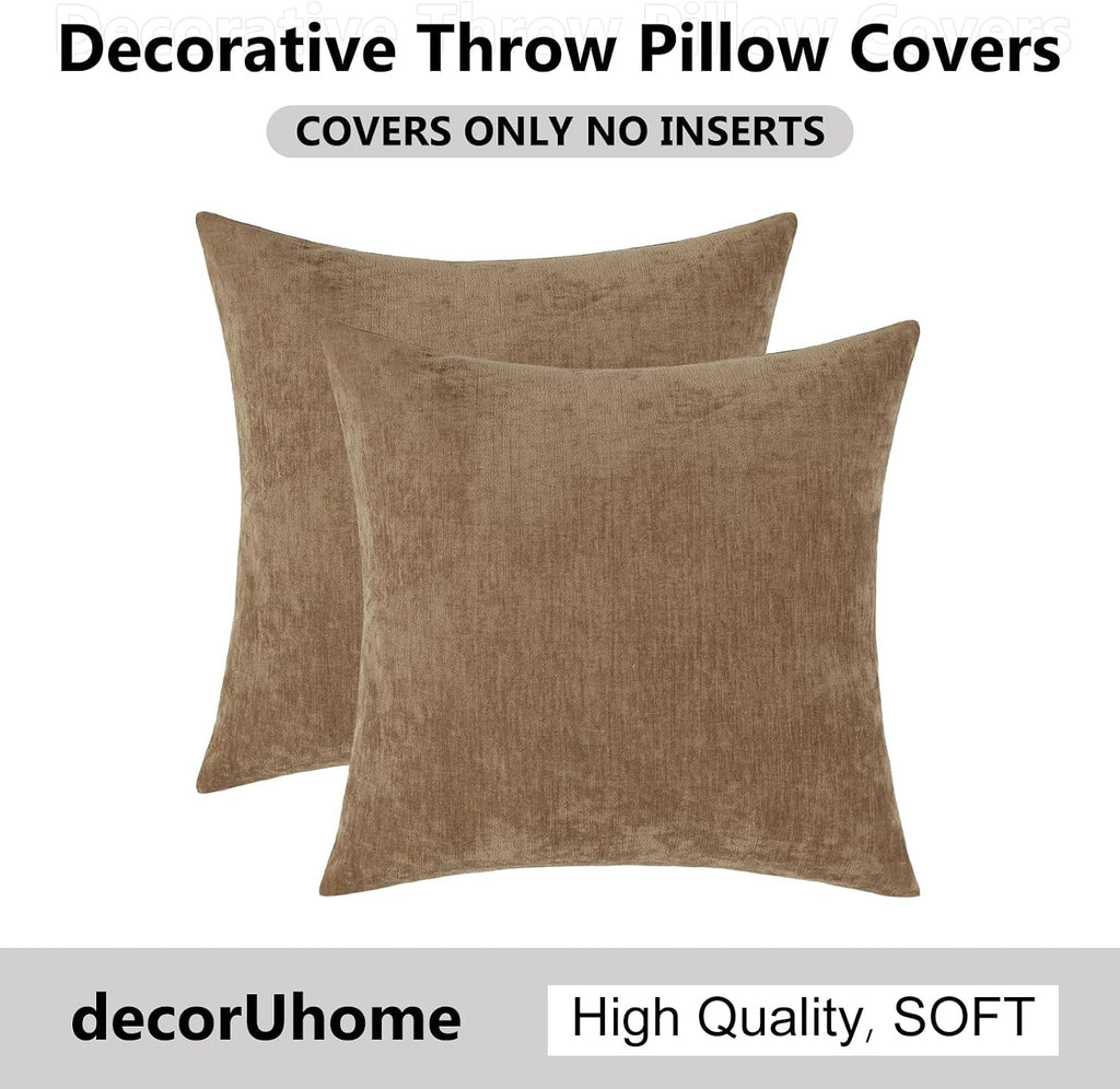 decorUhome Chenille Brown Throw Pillow Covers 22x22 Inch Set of 2, Decorative Soft Couch Pillow Covers Solid Dyed Accent Farmhouse Neutral…