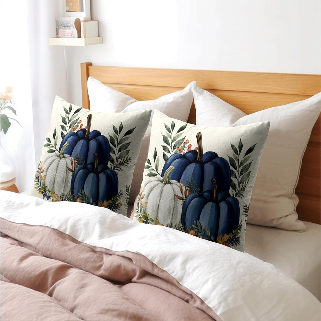 Pumpkins Throw Pillow Covers 20x20 inch 2 Packs Fall Blue and White Pumpkin Pillowcase Autumn Thanksgiving Vintage Outdoor Decorations…