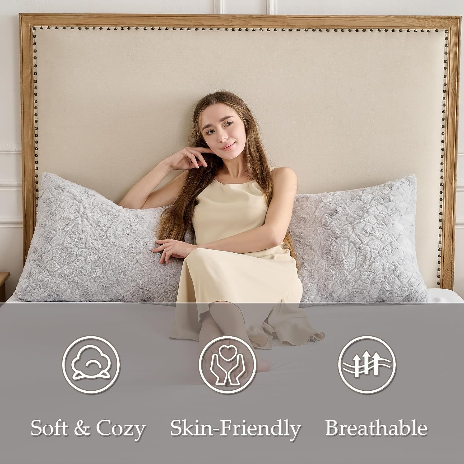 HKMR Fluffy Faux Rabbit Fur Body Pillow, Memory Foam Pregnancy Pillow for Side Sleep Body Pillow,20x54 Long Pillow for Adults-Light G…