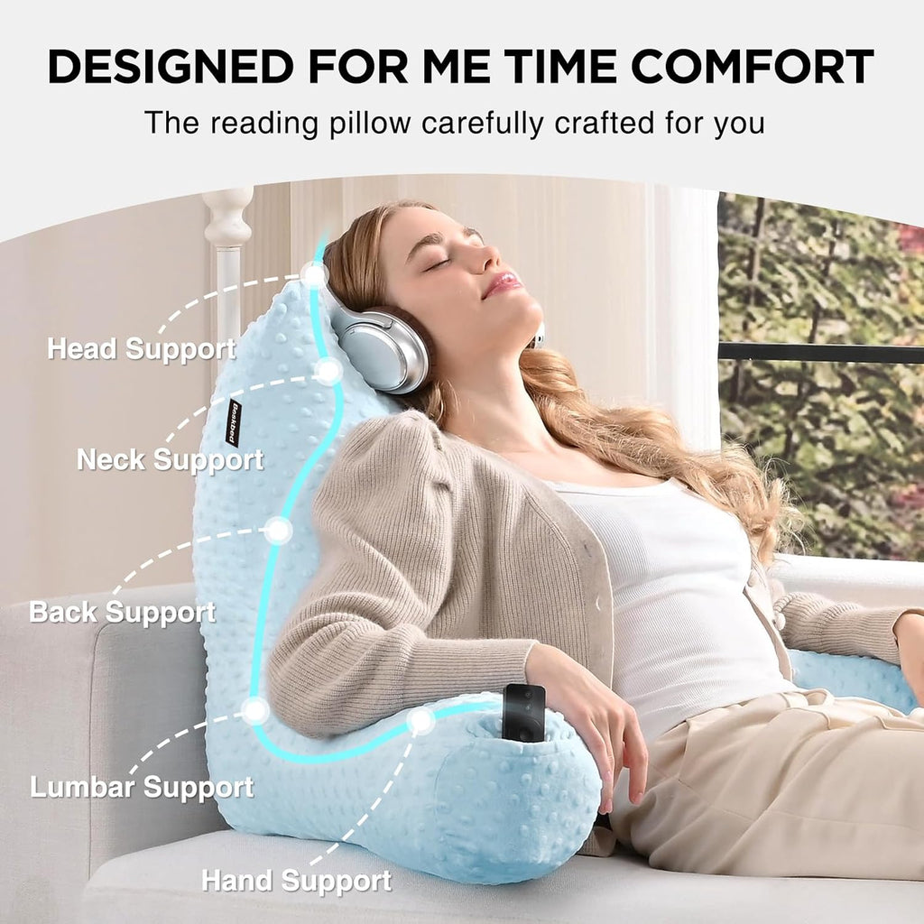 Reading Pillow for Kids Sitting in Bed Couch Adult, Back Pillow for Bed Sitting Up, Back-Rest Support Cushion with Pockets and Arms…