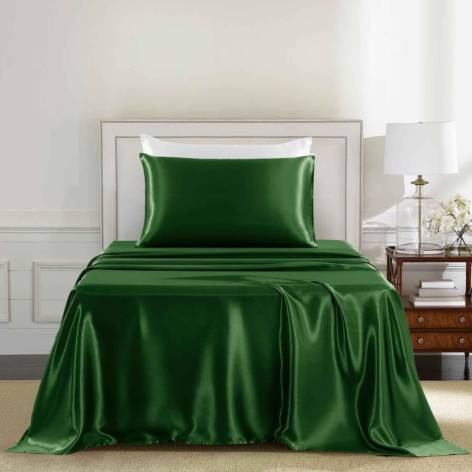 Golal Satin Sheets Twin XL Size - 3 Pieces Luxury Silky Soft Bed Sheets, Wrinkle-Free Dark Green Satin Silk Sheet Set with 1 Deep Pocket Fi…