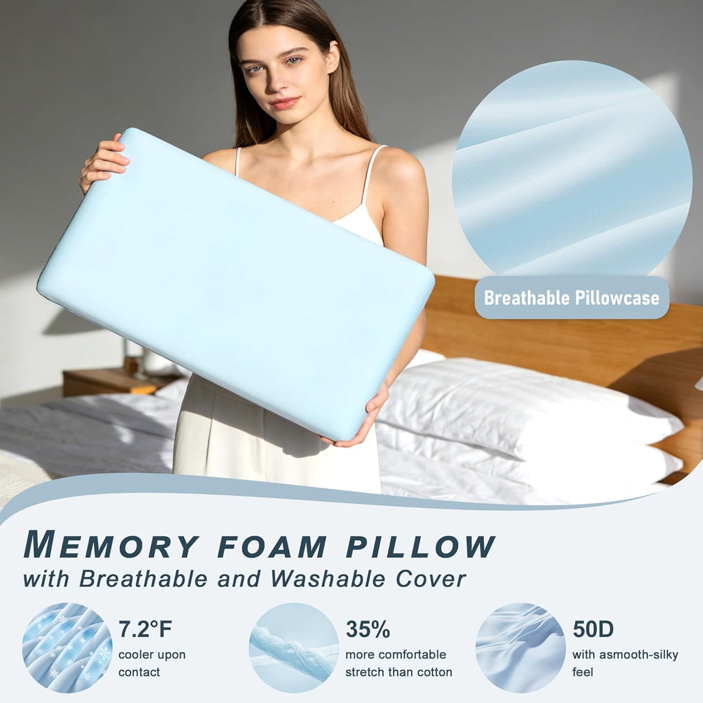 Comforshare Home Blue Memory Foam Pillows Bed Pillows with Cooling Removable Cover, Neck Support for Back Stomach Side Sleepers, 1 P…