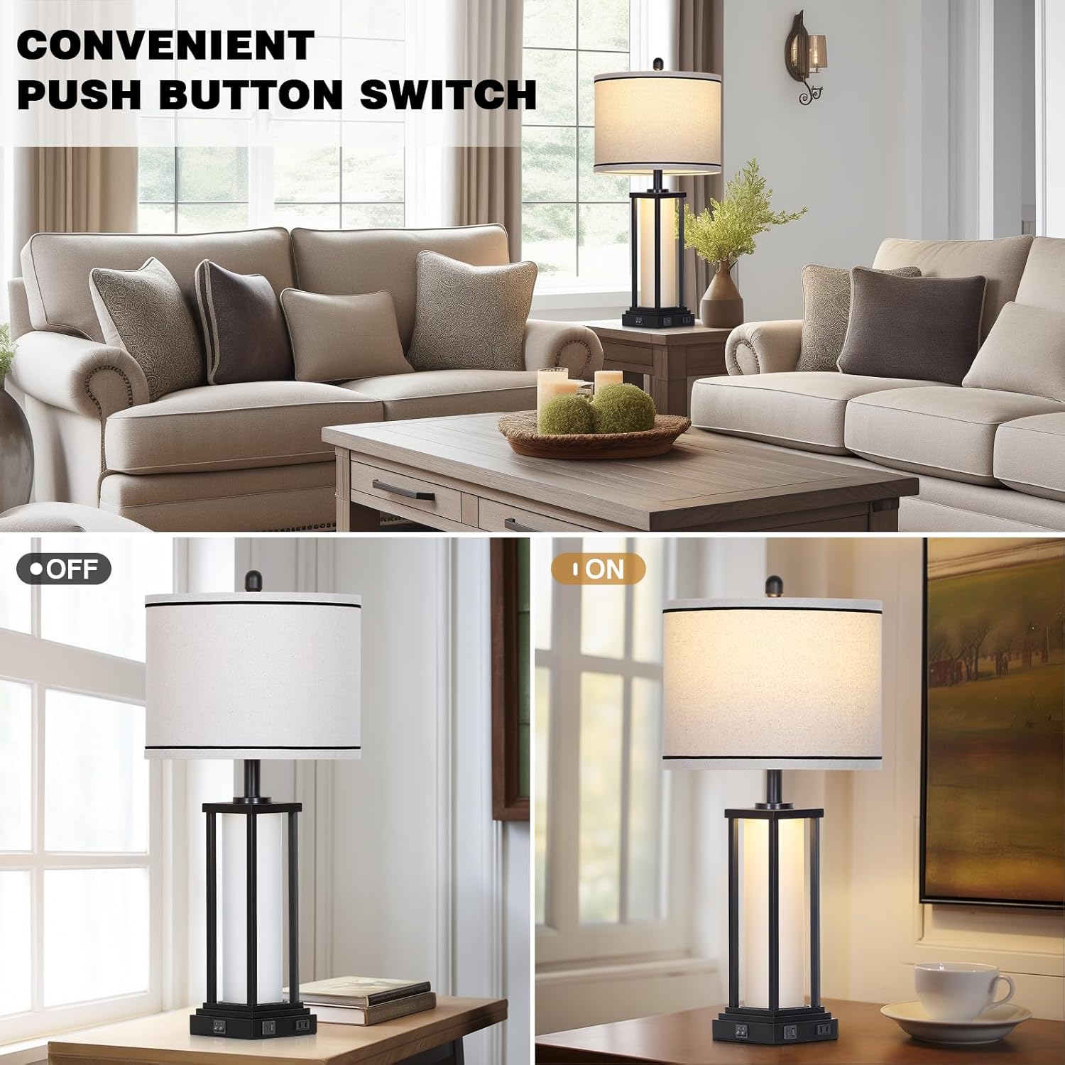 Cinkeda 27" Tall Vintage Table Lamp with USB C+A & Outlet, Black Industrial End Table Lamp for Living Room, Farmhouse Rustic Bedside Lamp…