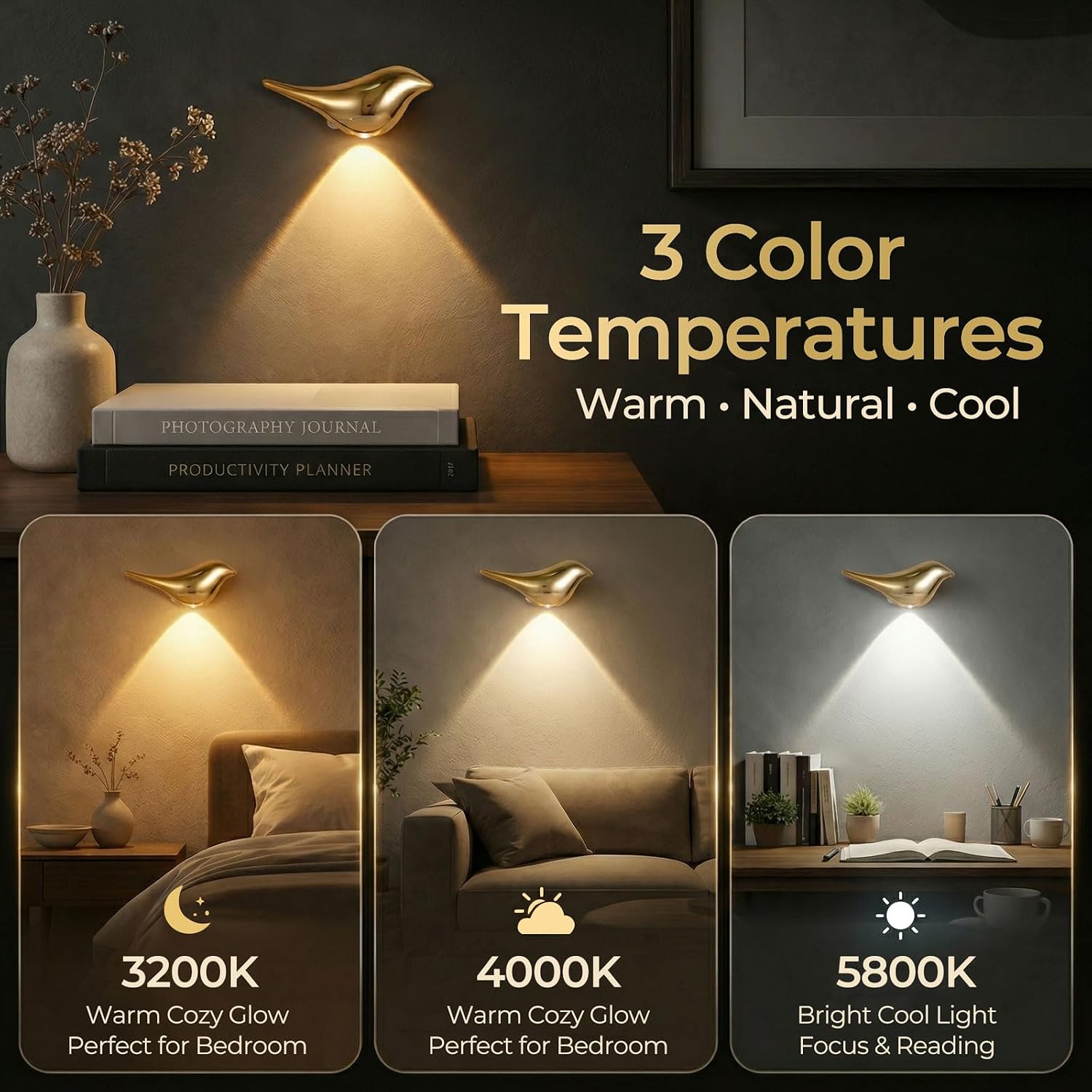 2-Pack Golden Bird Wall Light, Cordless Motion Sensor Wall Light Indoor, Rechargeable Battery Operated Night Light for Home Bedroom…