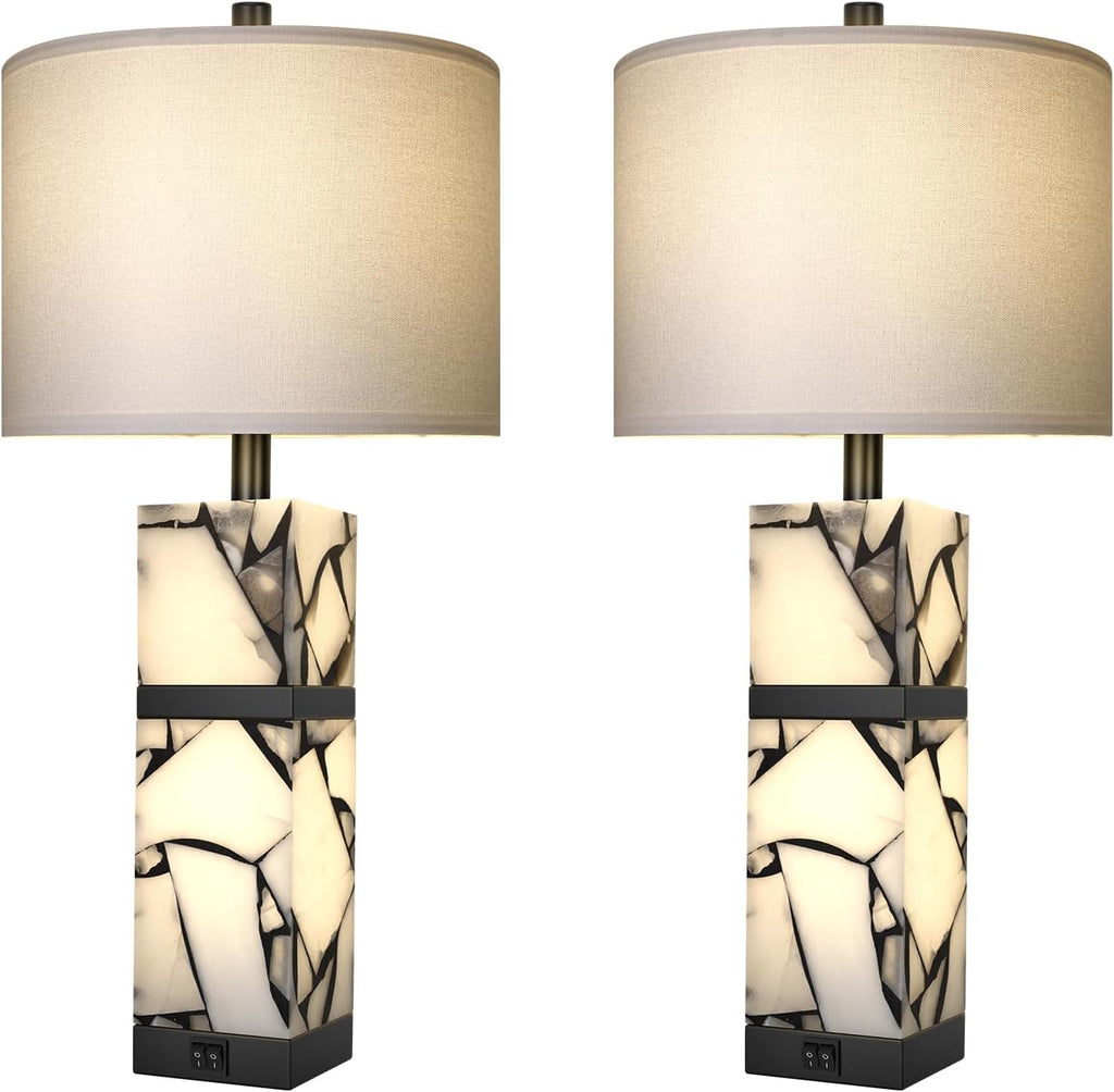 Scenekoy 27" Alabaster Table Lamps Set of 2 with Night Light for Living Room Bedroom, Nightstand Lamps with Linen Shade, Modern Bedroom…