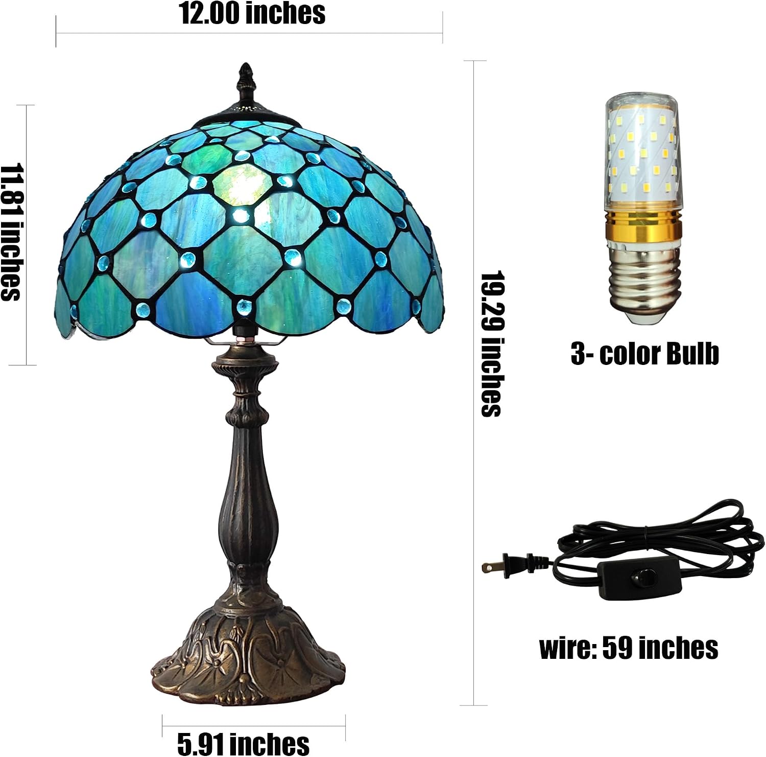 Tiffany Table Lamp Stained Glass Antique Bedside Nightstand Lamp Blue Pearl Style Small Antique Desk Light for Bedroom Living Room Home…