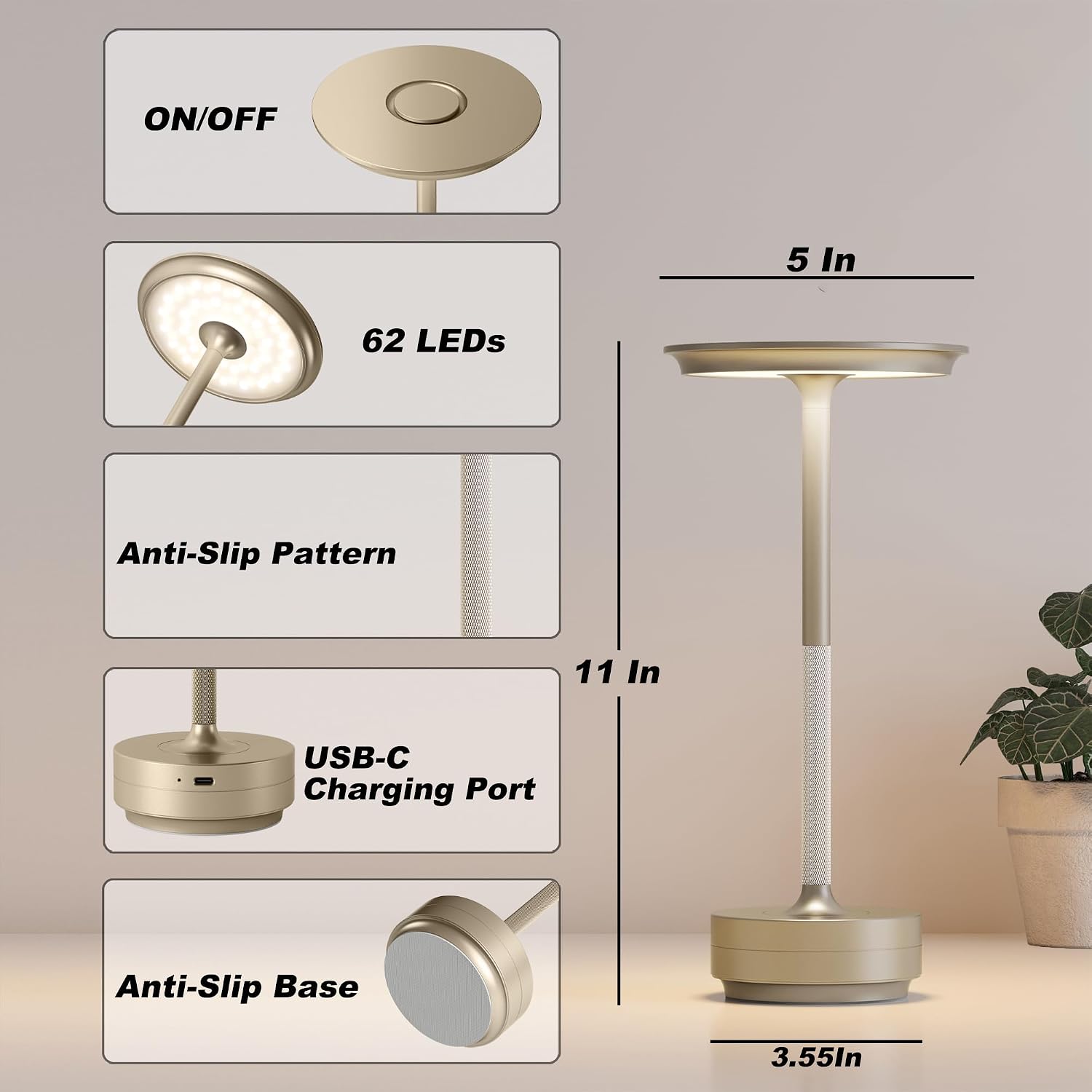 TBBGA 2 Pack Rechargeable Cordless Table Lamps, Portable 5000mAh Outdoor Table Light, 3 Color Stepless Dimming LED Table Lamp with Memory…