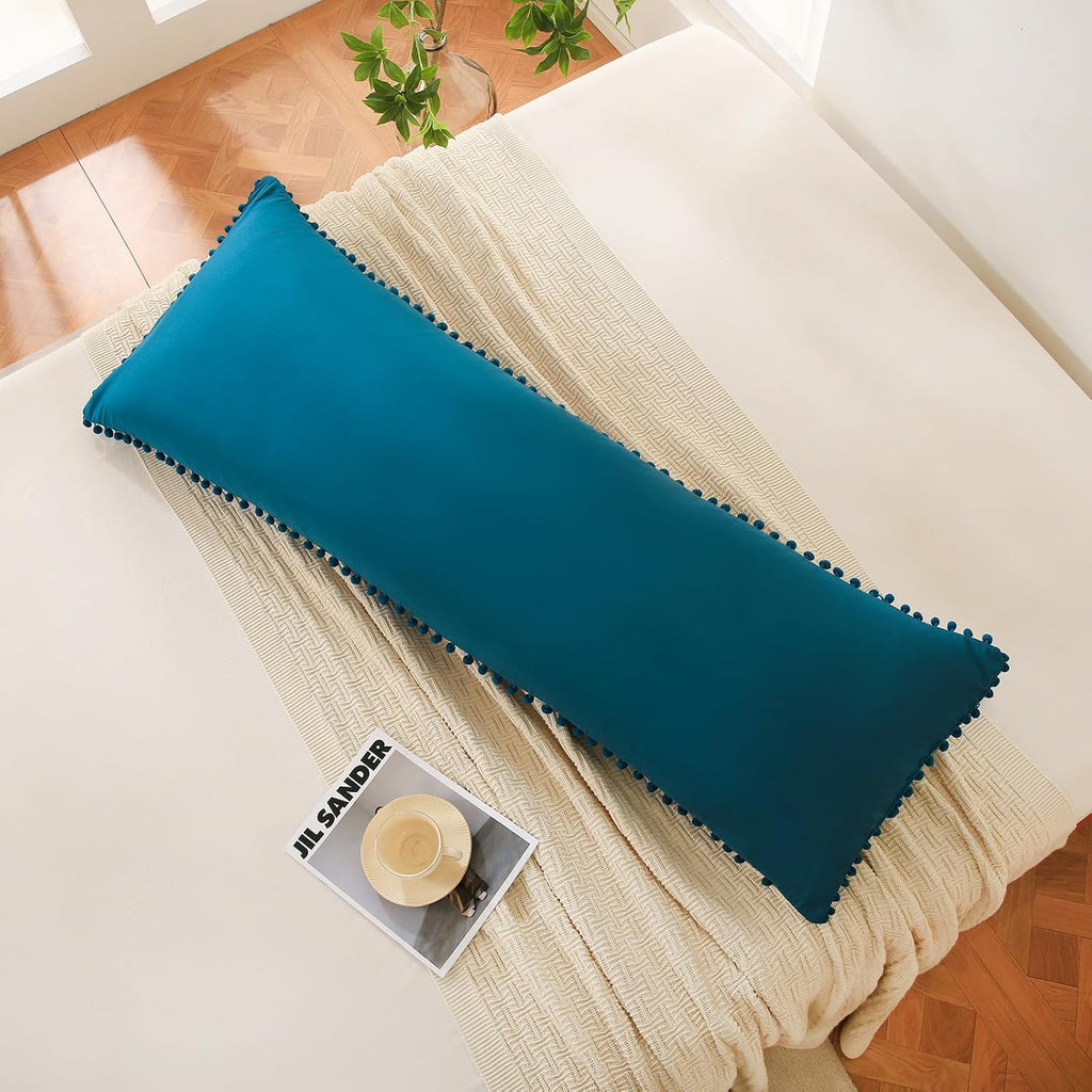 Moveover Move Over Teal Blue Body Pillow Cover 20x54 Body Pillow Cover Cute Pom Poms Fringe Design Soft Microfiber Boho Chic Home Decor Lon…
