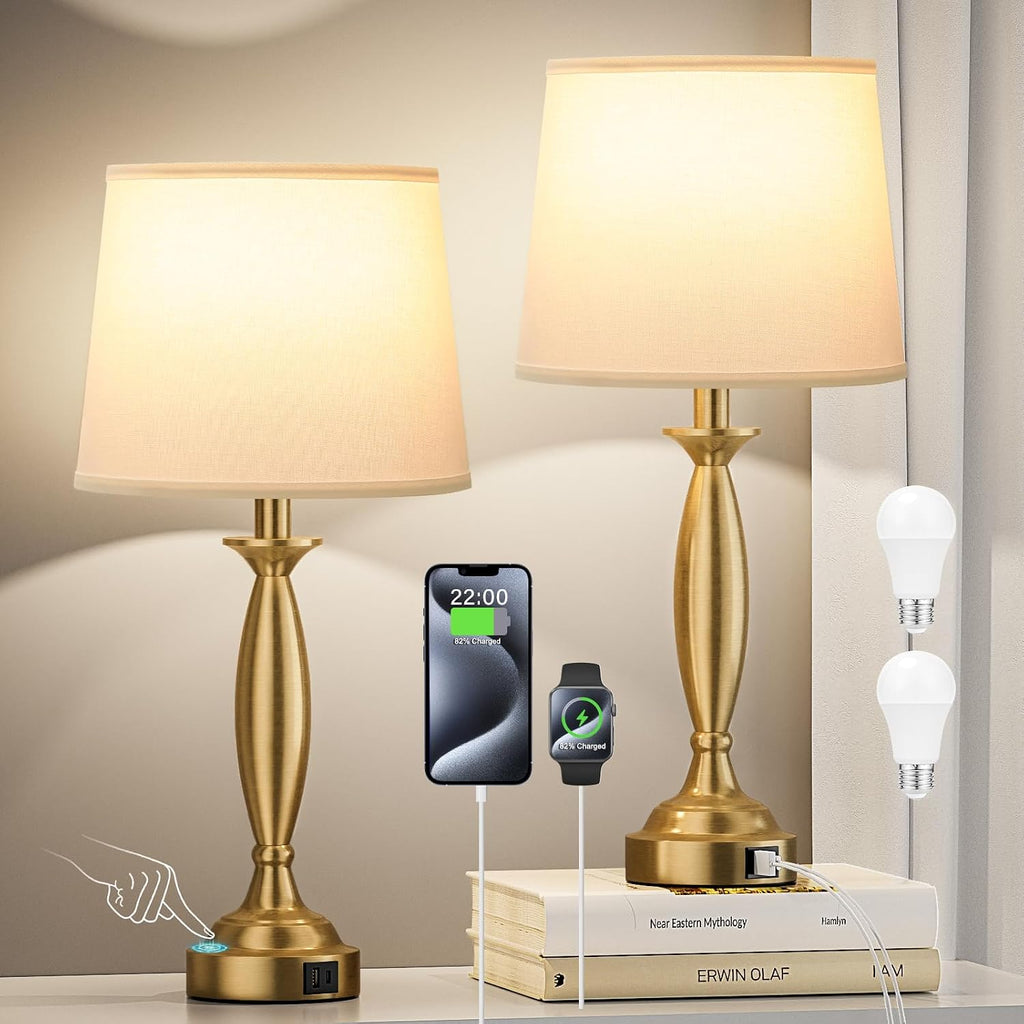 Seealle White Gold Lamps for Bedrooms Set of 2 - Touch Control Bedside Lamp with USB C+A, 3 Way Dimmable Nightstand Lamps with USB Port…