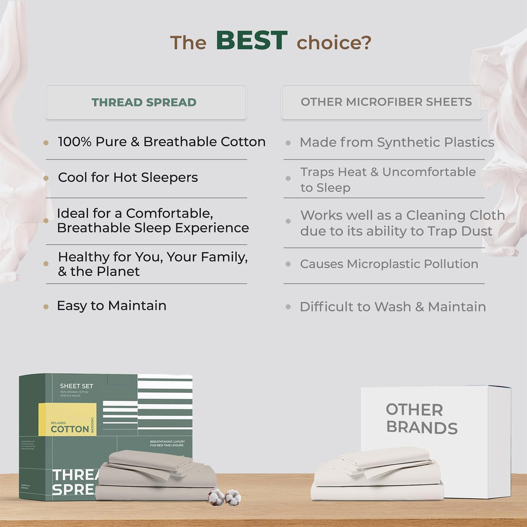 THREAD SPREAD 100% Organic Cotton Sheets Queen Size - 4 PC Organic Cotton Queen Size Percale Weave Sheet Set, Soft, Cooling, Crisp &…