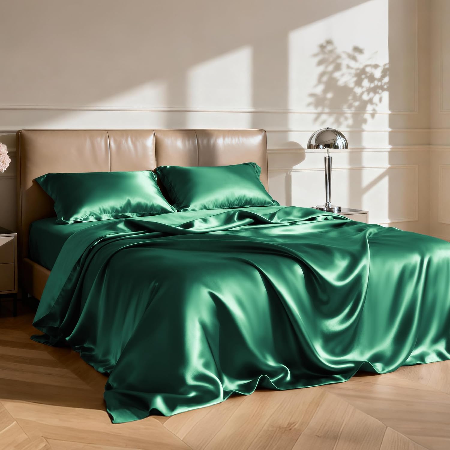 Lovescabin Love's cabin 4Piece California King Satin Bed Linen Set, Dark Green Silky Satin Sheets, Deep Pocket, Luxury Silk Feel, 1 Flat, 1…