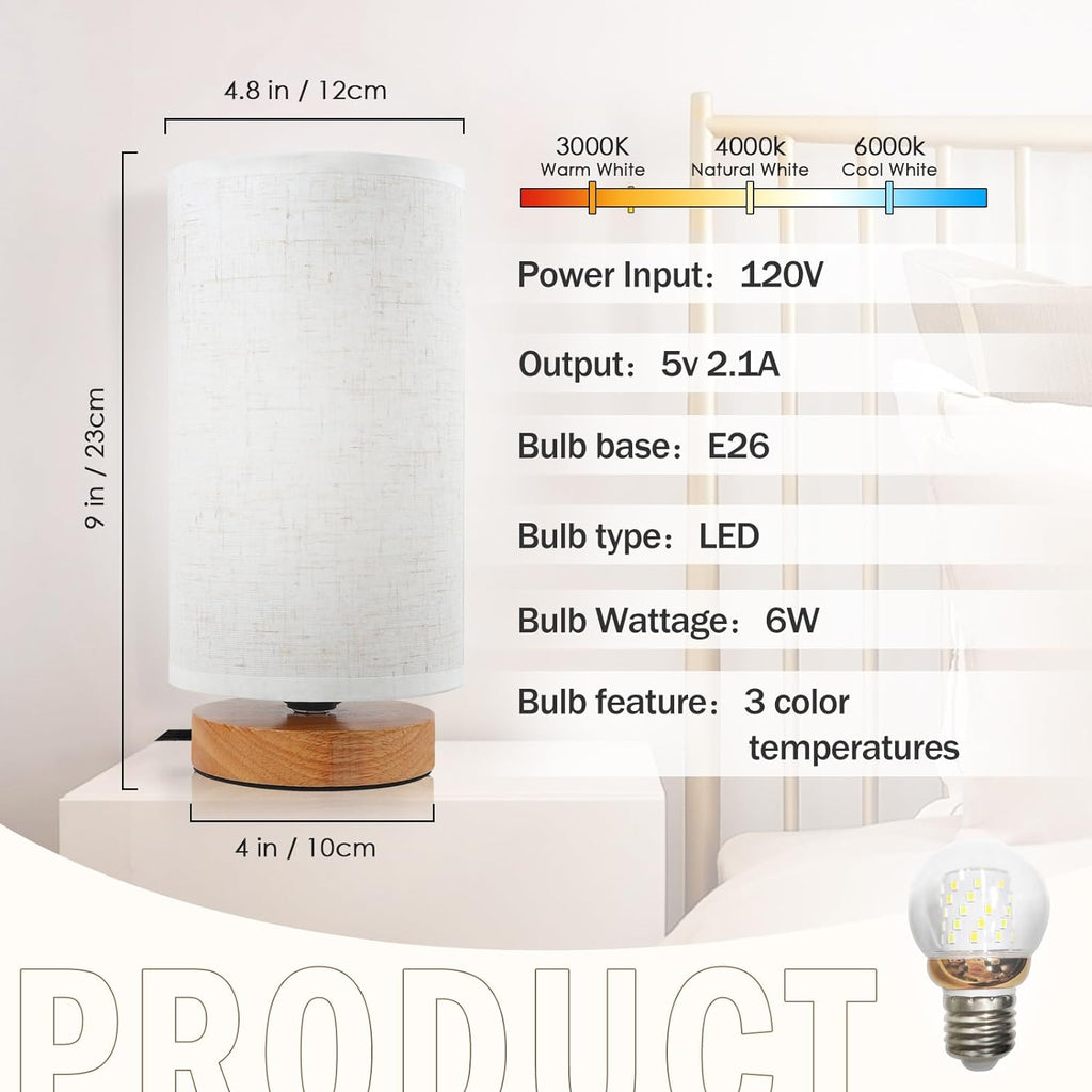 Minimalist Dimmable Nightstand Lamp with Round Fabric Linen Shade, 3 Color Temperatures, Desk & Bedside Lamp for Study, Living Room…
