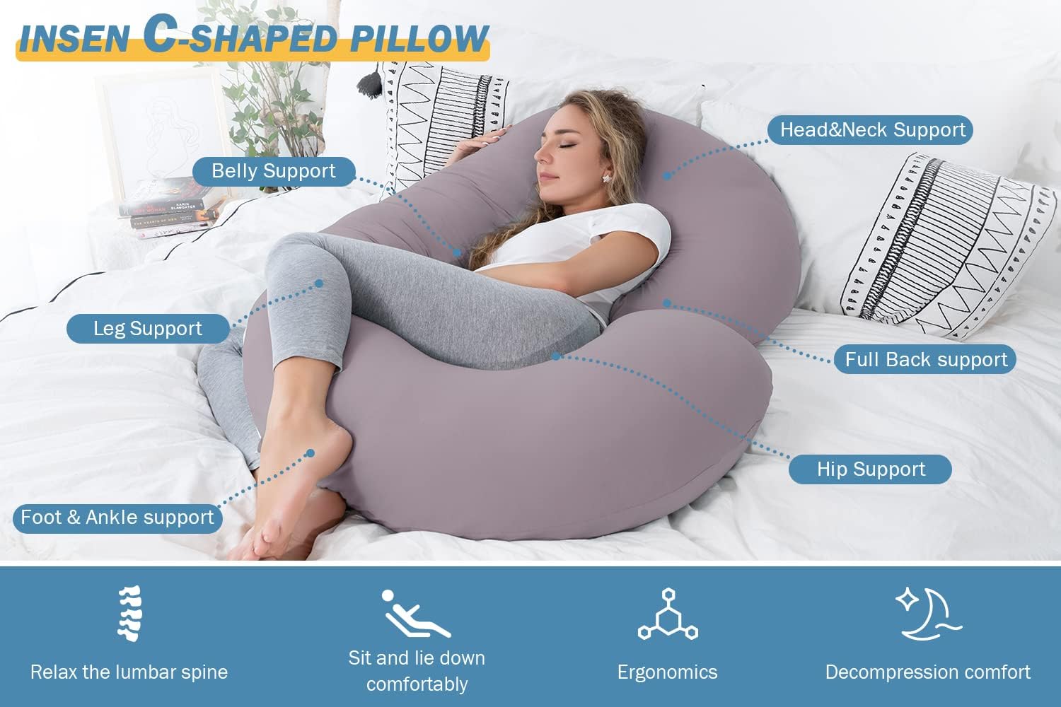 INSEN Pregnancy Pillows for Sleeping, Maternity Pillow with Cooling Cotton Cover, C Shaped for Pregnant Women, Natural Purple