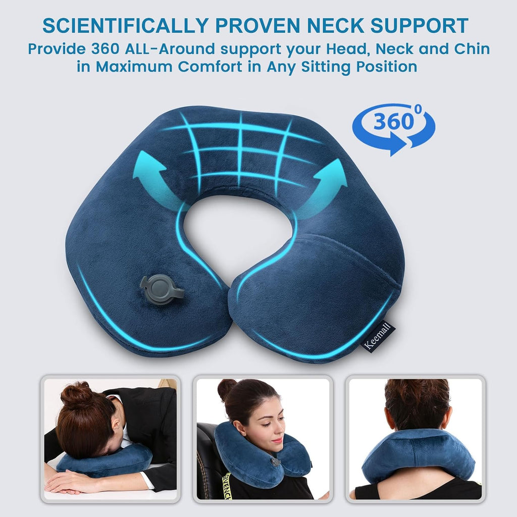 Keemall Travel Neck Pillow for Airplane, Compact Inflatable Neck Pillow for Traveling Long Flights, Adjust Firmness Neck Suport Pillow…