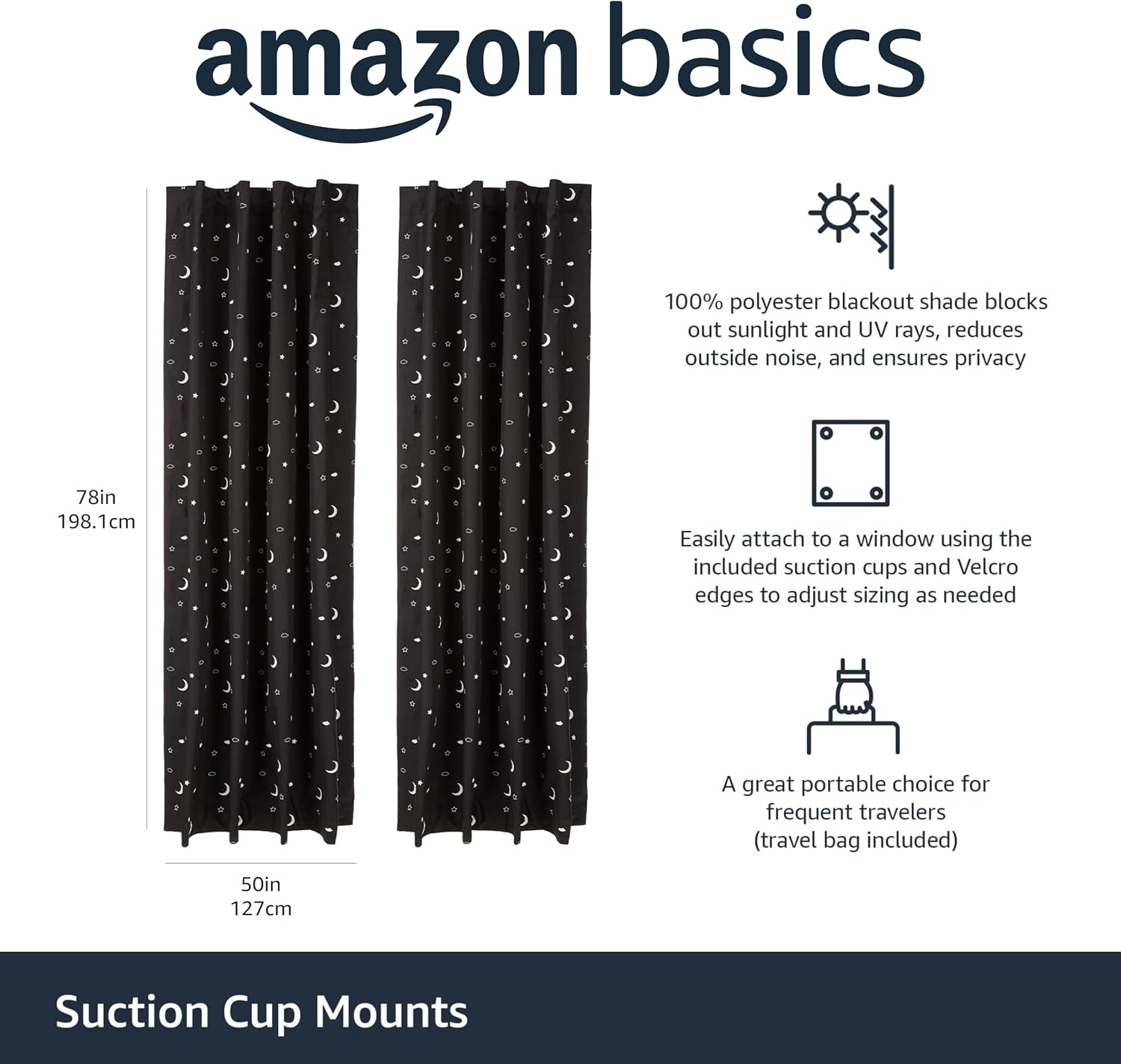 Amazon Basics Portable Blackout Curtain Shade with Suction Cups for Window, Noise Reducing, Energy Saving, 50"W x 78"L, Moon and Stars…