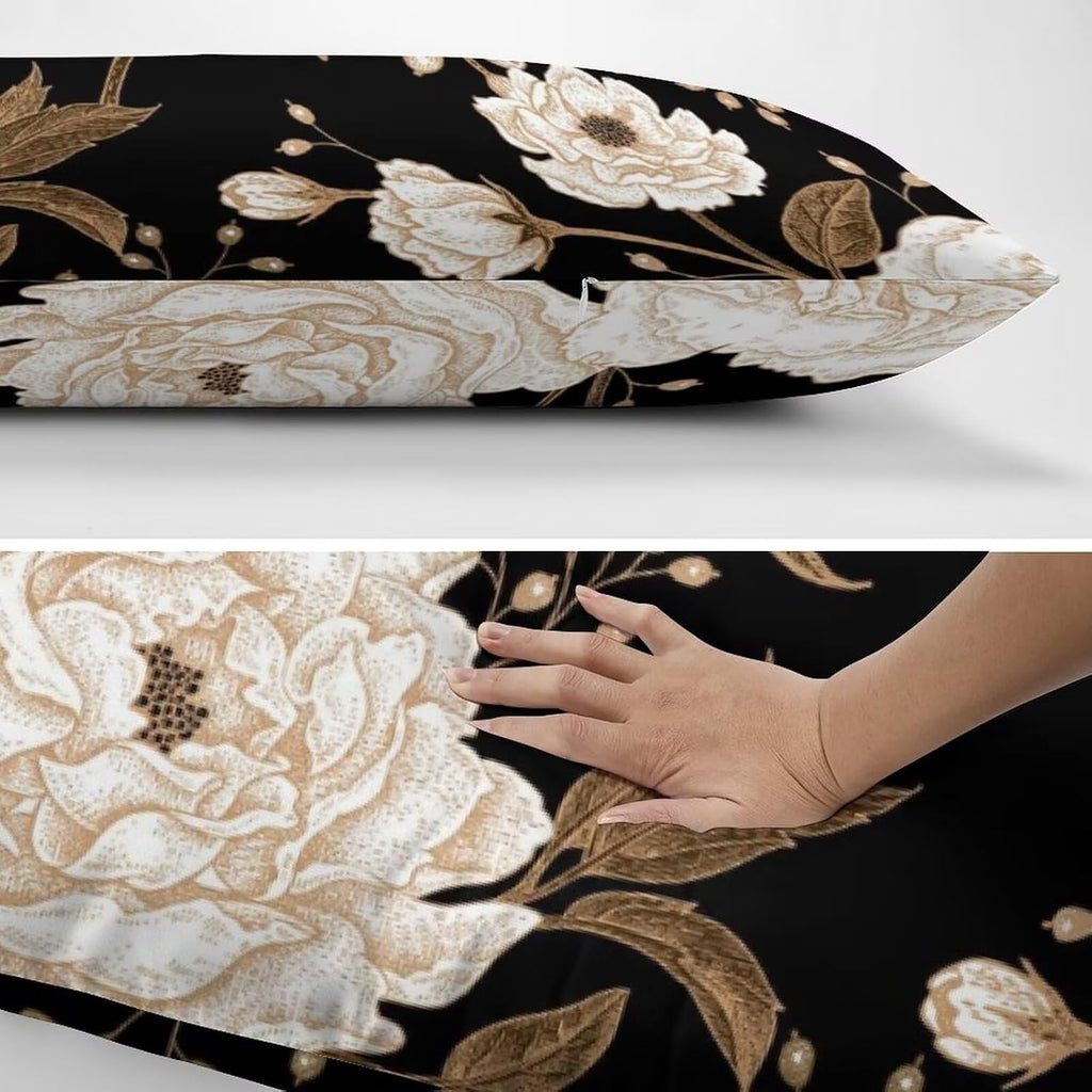 Body Pillow Cover Vintage Peony Body Pillowcase Beige Floral Leave Rustic Black Decorative Rectangle Long Pillow Cases Beige Flower…