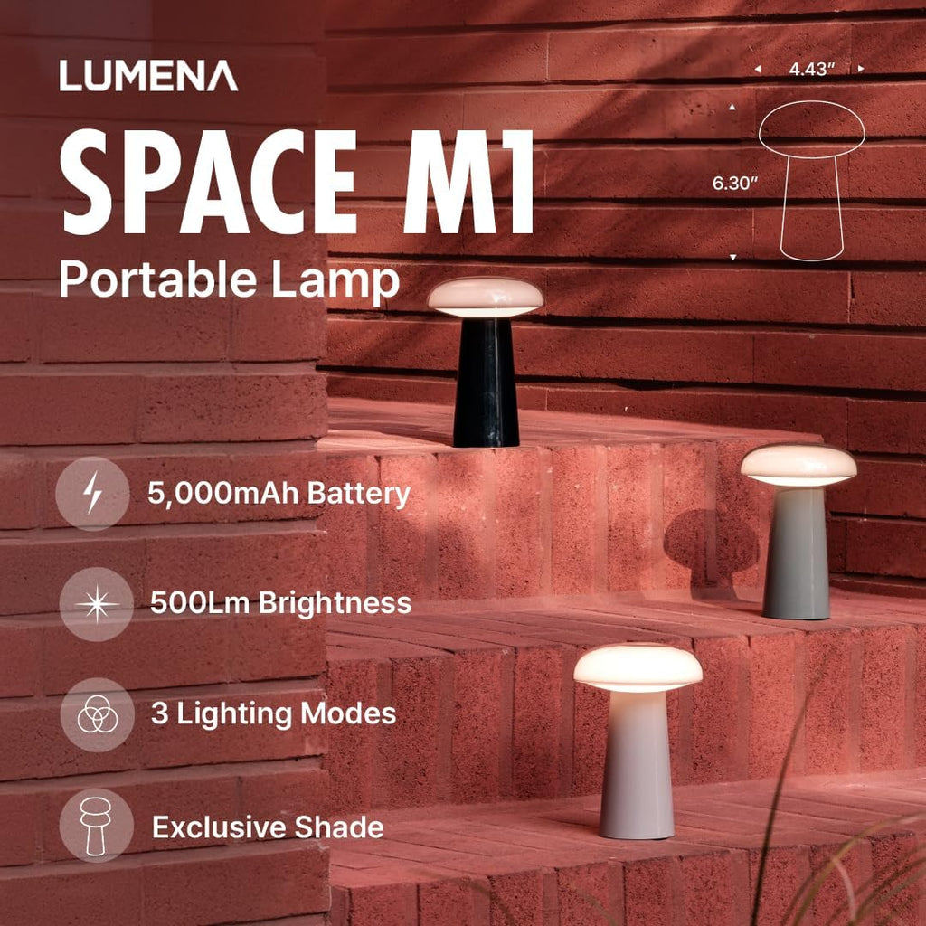 LUMENA Space M1 Portable Table Lamp | Rechargeable LED Bedside Lamp with Detachable Shade, 3 Brightness Levels, 3 Light Modes, 5000mAh…