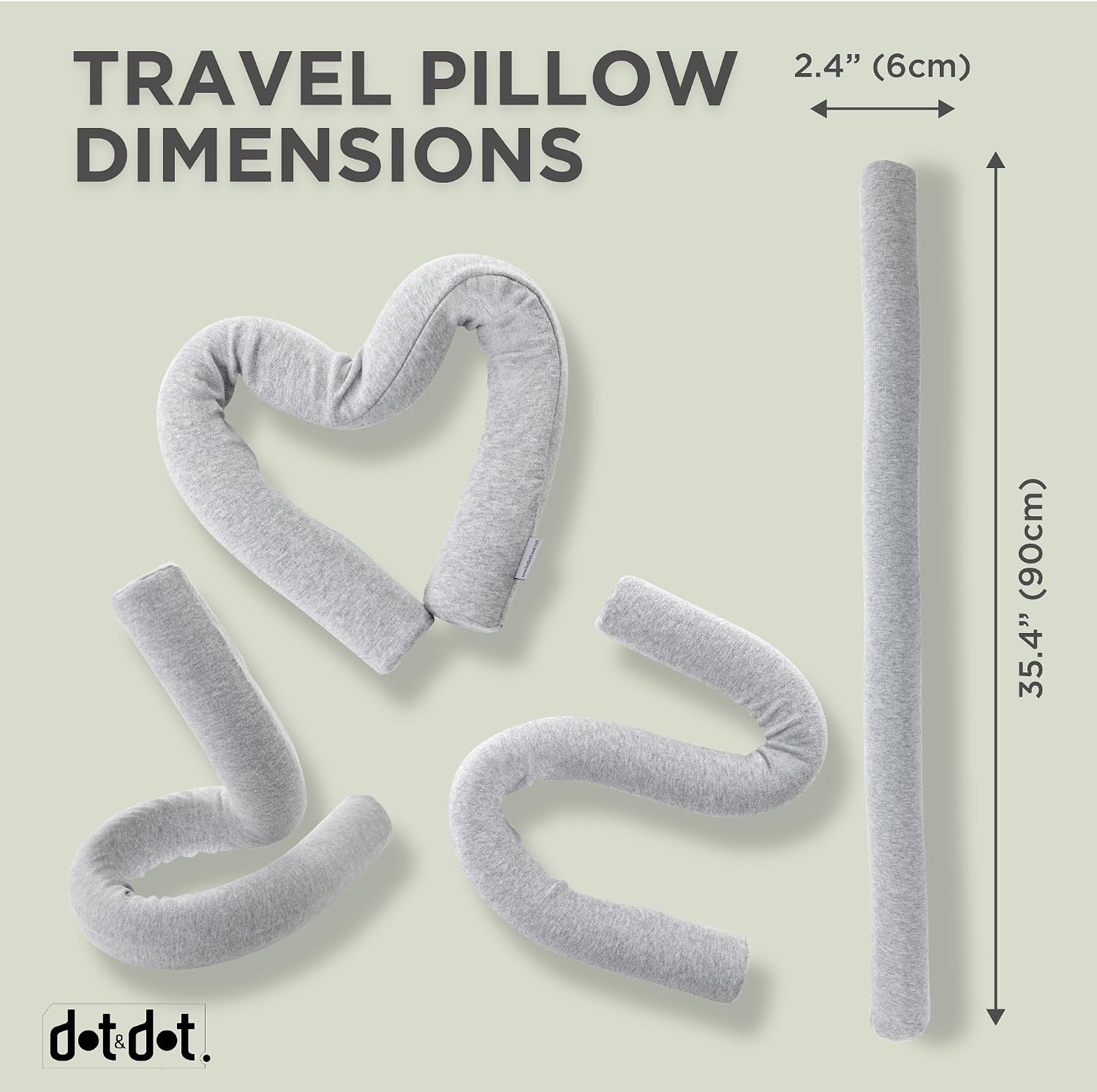 Dot&Dot Twist Memory Foam Travel Pillow for Neck, Chin, Lumbar and Leg Support - Cotton Cover Snap Closure Grey Cotton Grey