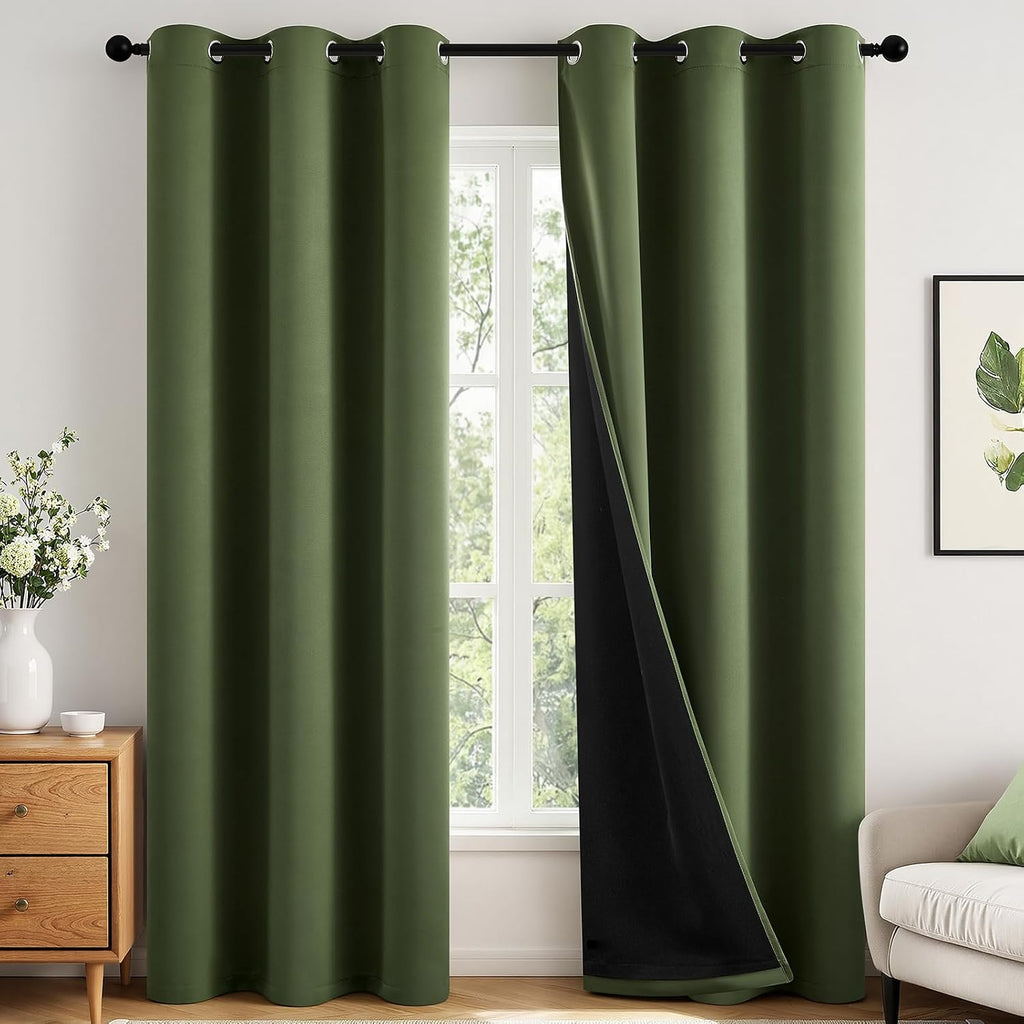Miulee Olive Green 100% Blackout Curtains for Bedroom 84 Inch Long, 2 Thick Layers Thermal Insulated Black Out Window Curtains with Black L…