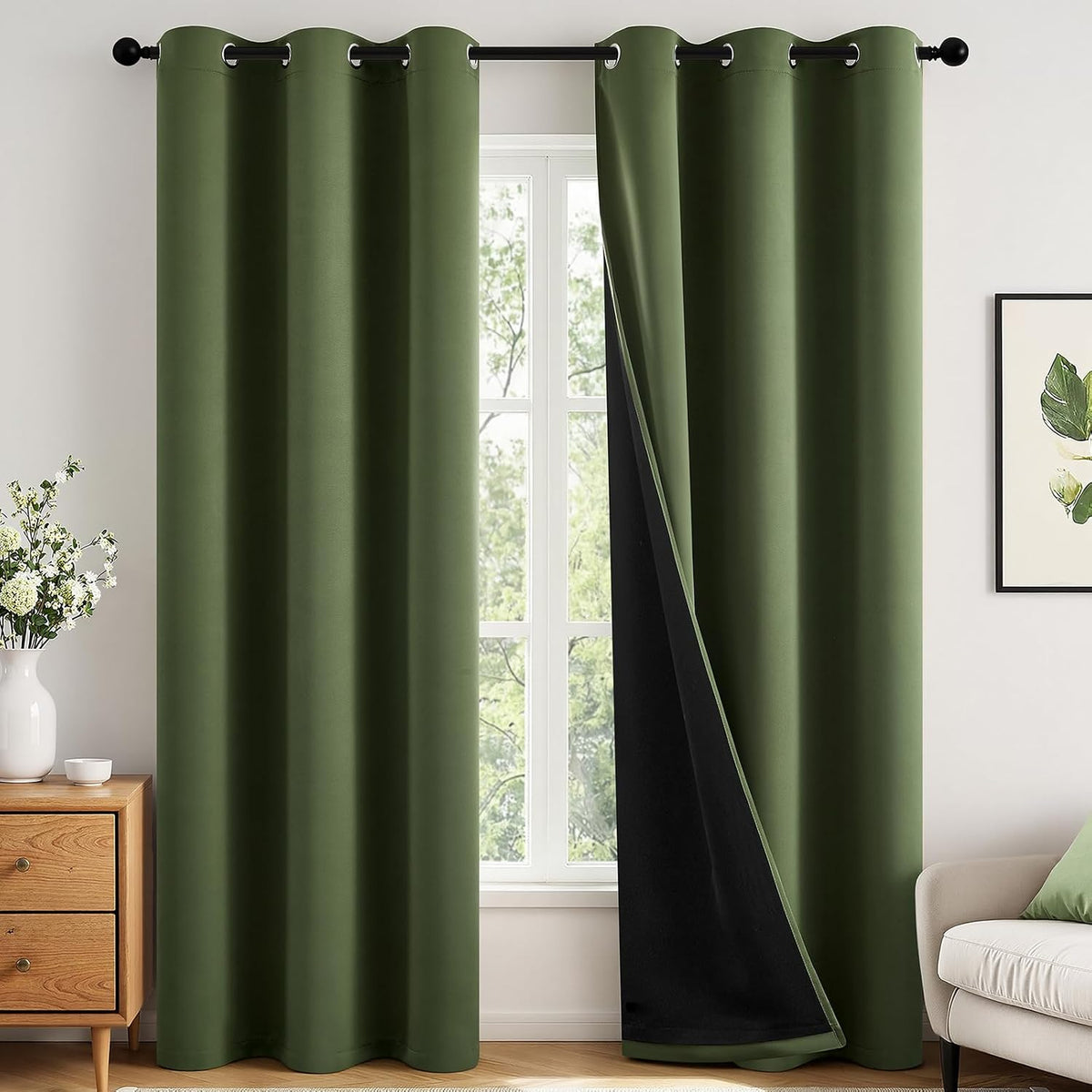 Miulee Olive Green 100% Blackout Curtains for Bedroom 90 Inch Long, 2 Thick Layers Thermal Insulated Black Out Window Curtains with Black L…
