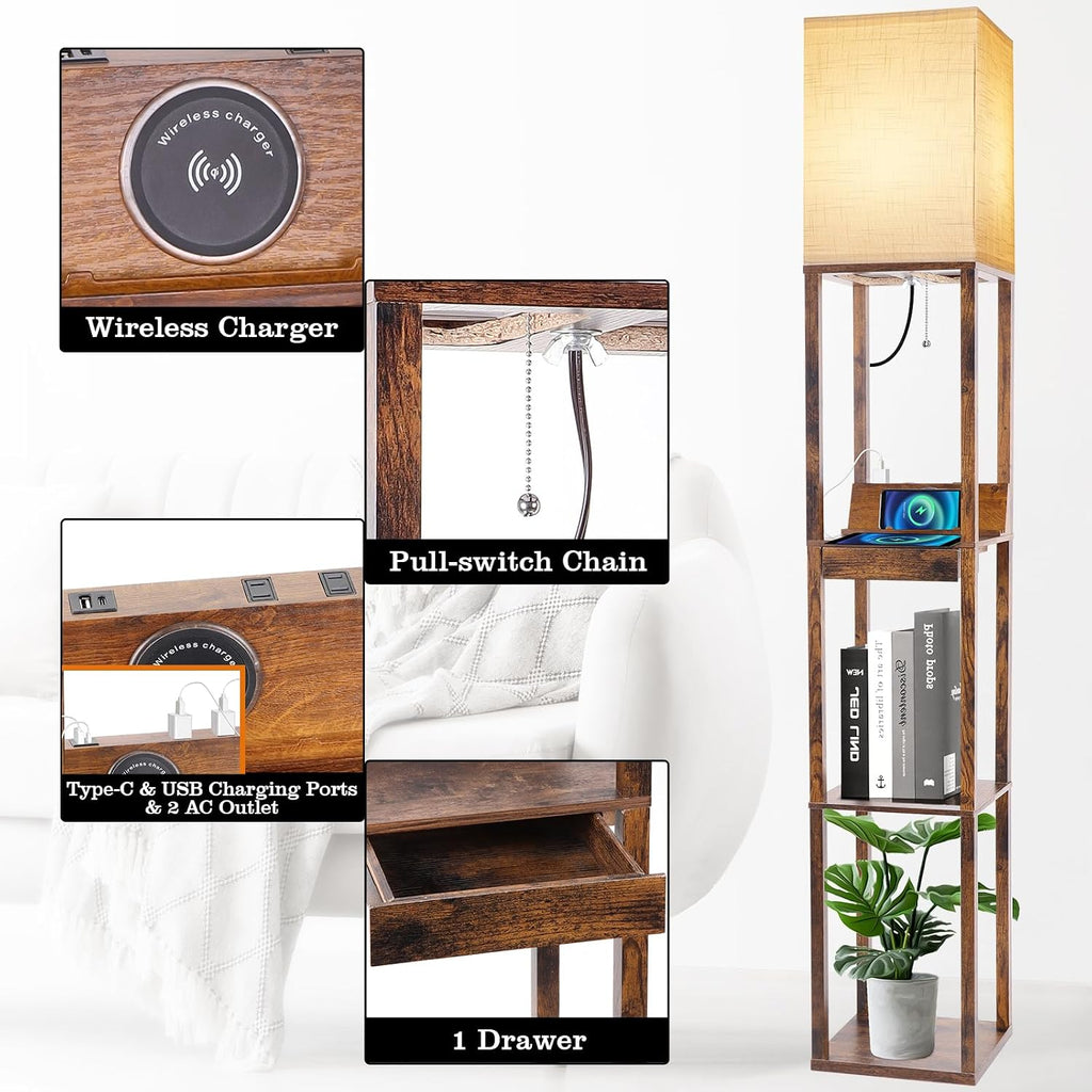 RUNTOP Floor Lamp with Shelves, Shelf Floor Lamp with Wireless Charger & 2 Charging USB Ports & Drawer, AC Outlet, 3 Color Temperature…