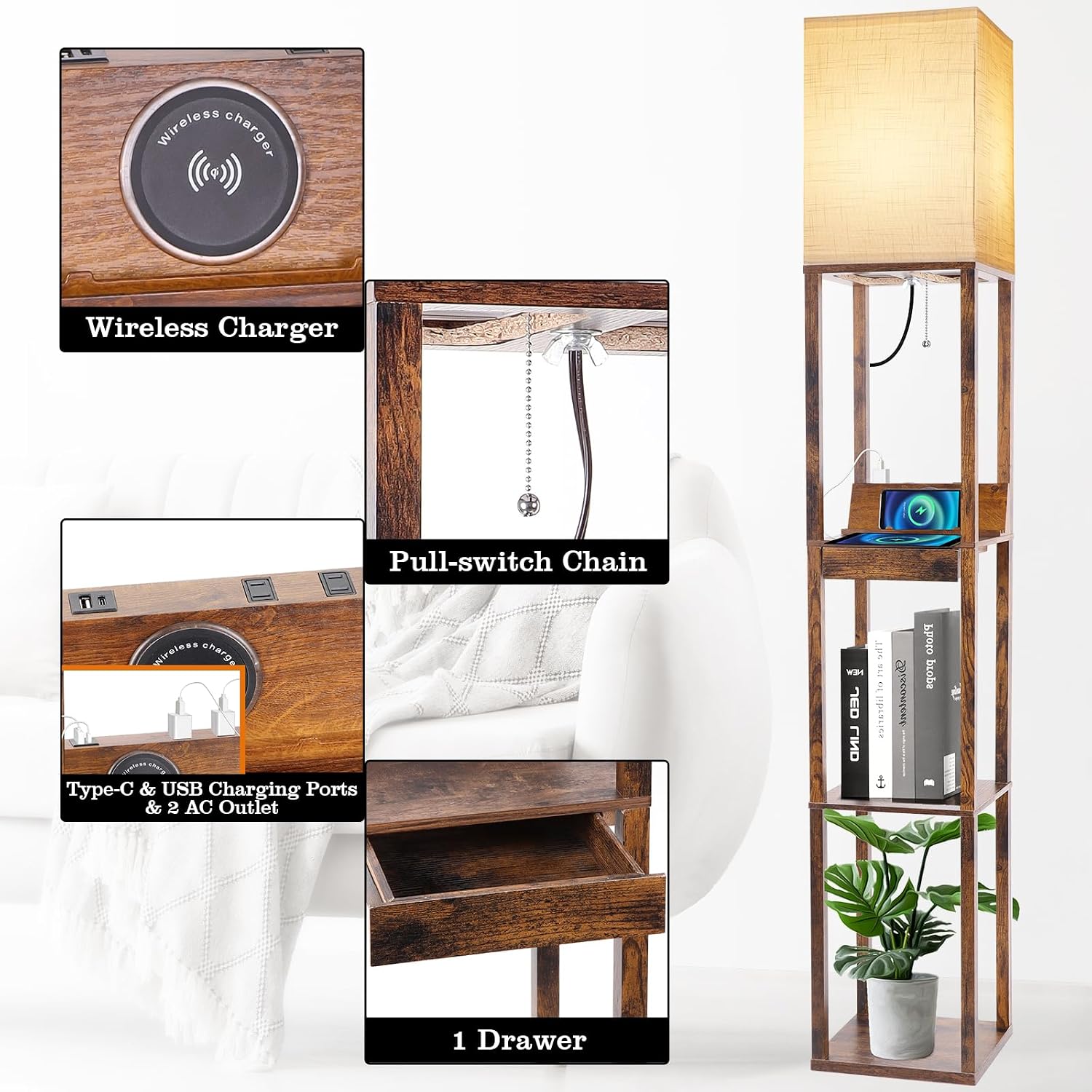 RUNTOP Floor Lamp with Shelves, Shelf Floor Lamp with Wireless Charger & 2 Charging USB Ports & Drawer, AC Outlet, 3 Color Temperature…