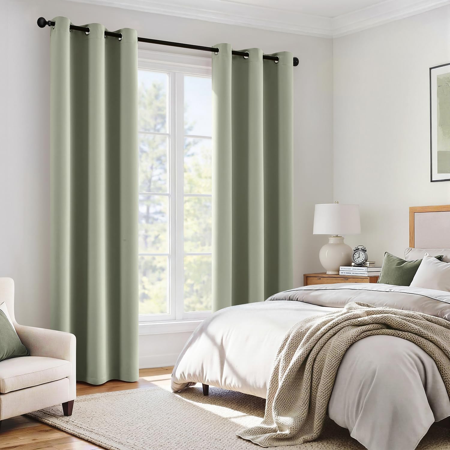 Miulee Sage Green 100% Blackout Curtains for Bedroom 84 Inch Long, 2 Thick Layers Thermal Insulated Black Out Window Curtains with Black Li…