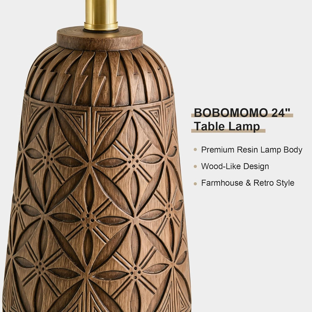 BOBOMOMO 24" Modern Farmhouse Table Lamp, Geometric Hand-Carved Resin Bedside Lamp with Wood Grain Finish, Rustic Nightstand Lamp for…