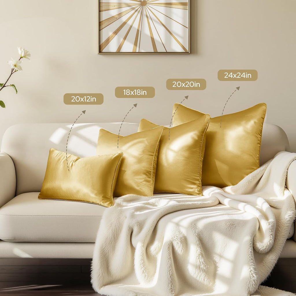 Homeideas Gold Decorative Throw Pillow Covers 24x24 Set of 2, Glossy Faux Silk Pillow Covers for Couch Sofa Bed Decor Luxury Summer Euro Sh…