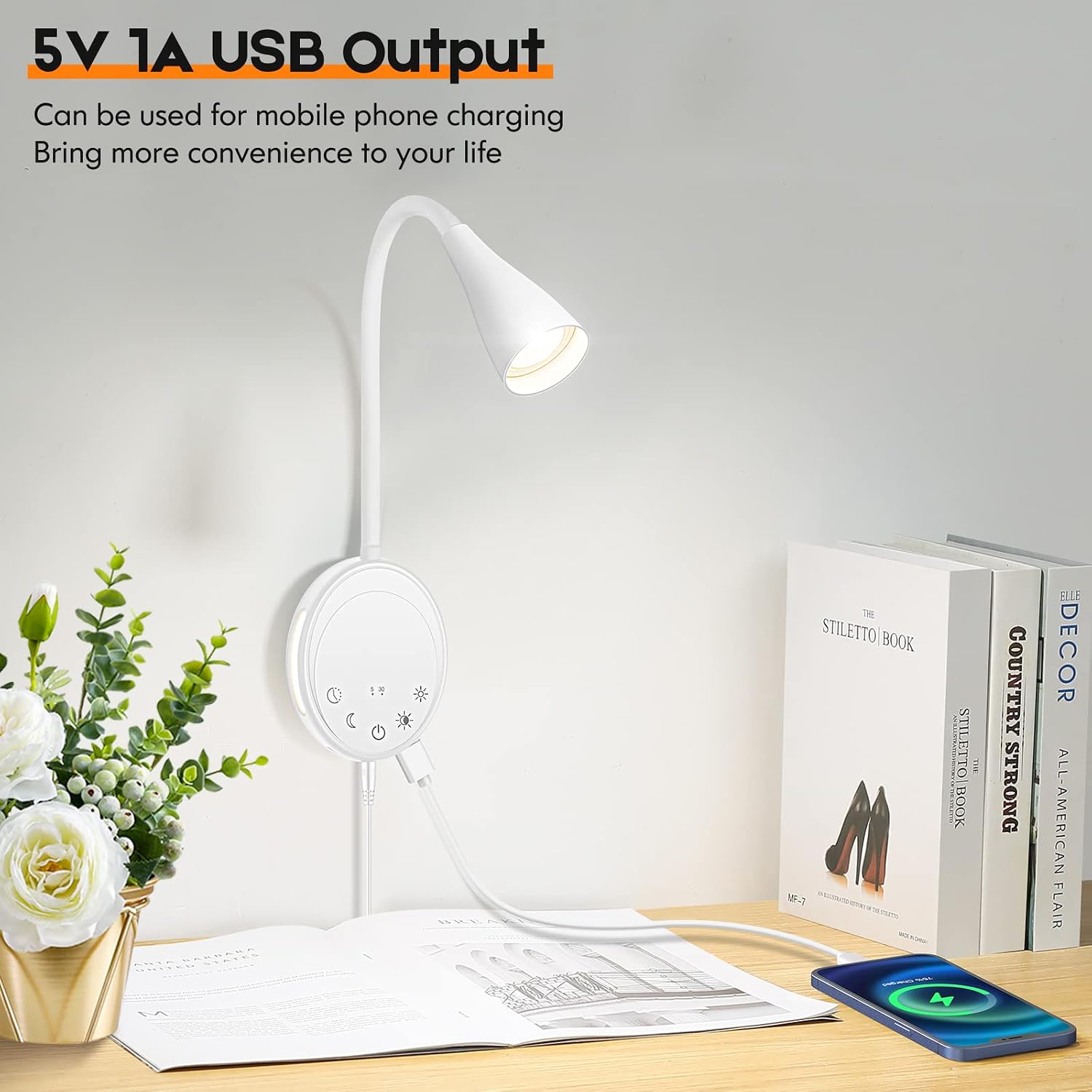 SANKEDOU LED Wall Mount Reading Light, Bedside Reading Lights with Touch Control, 5 Dimmable, USB Output, Night Light & Timers, Flexible…
