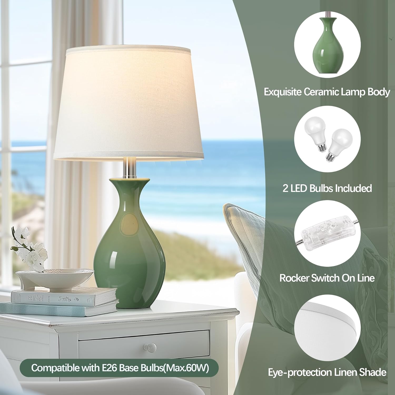PARTPHONER Table Lamp Set of 2, Modern Ceramic Bedside Lamps for Night Stands, Classic Small Lamp Nightstand Lamp for Bedroom Living Room…