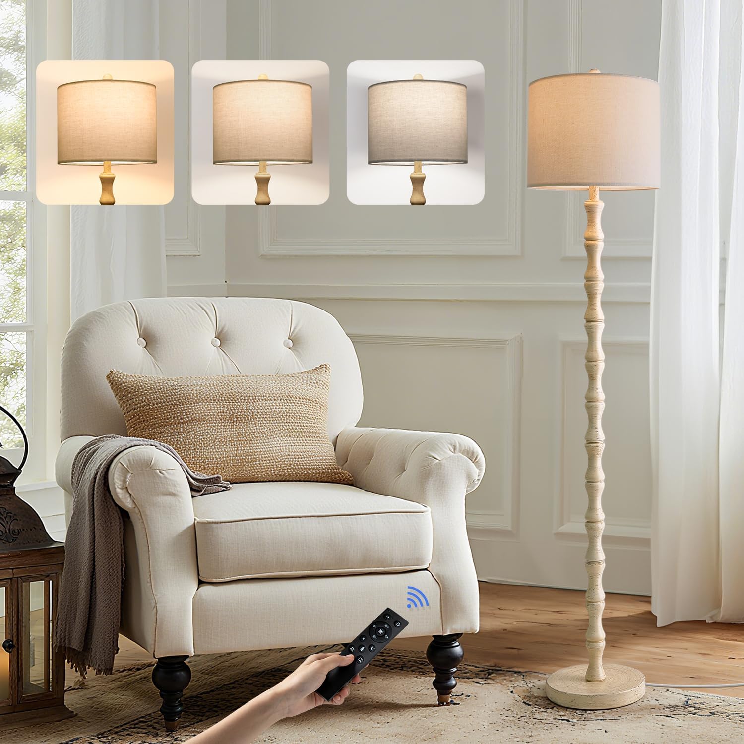BOBOMOMO 62" Rustic Farmhouse Floor Lamp Antique White with Remote & Dimmable 9W Bulb, 3 Color Temperatures Resin Standing Lamp, Retro…