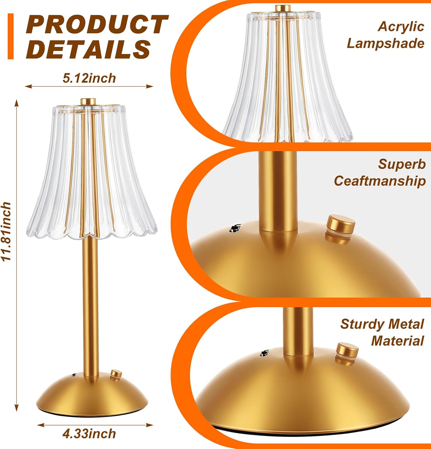 Liliful 12 Pcs Cordless Table Lamp Rechargeable Touch LED Small Gold Portable Battery Operated USB-c Desk Lamp 3 Color Dimmable for…
