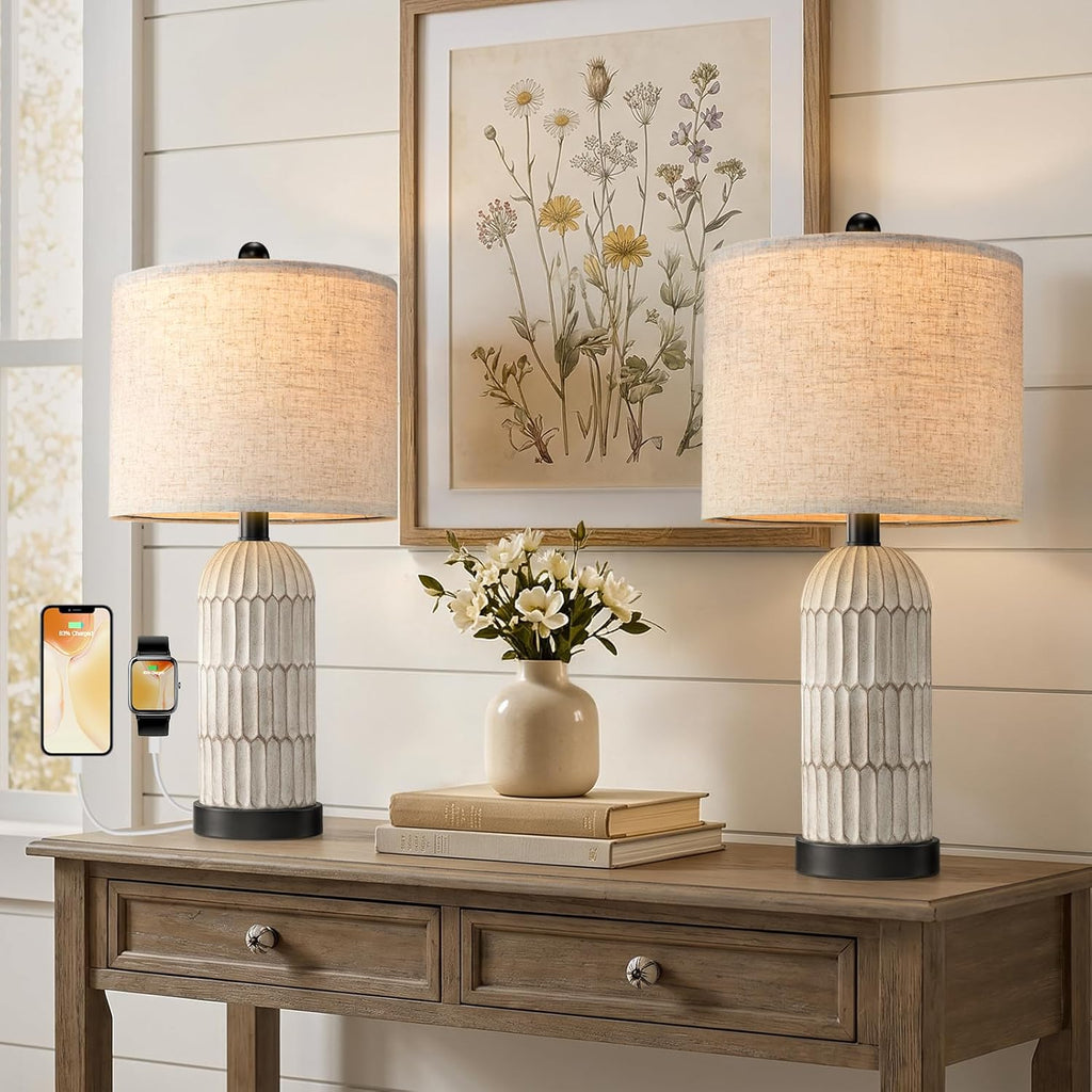 OYEARS 22.5" Bedside Table Lamps Set of 2, Farmhouse Table Lamp with USB A+C Charging Ports, Vintage Nightstand Lamp for Bedrooms and…