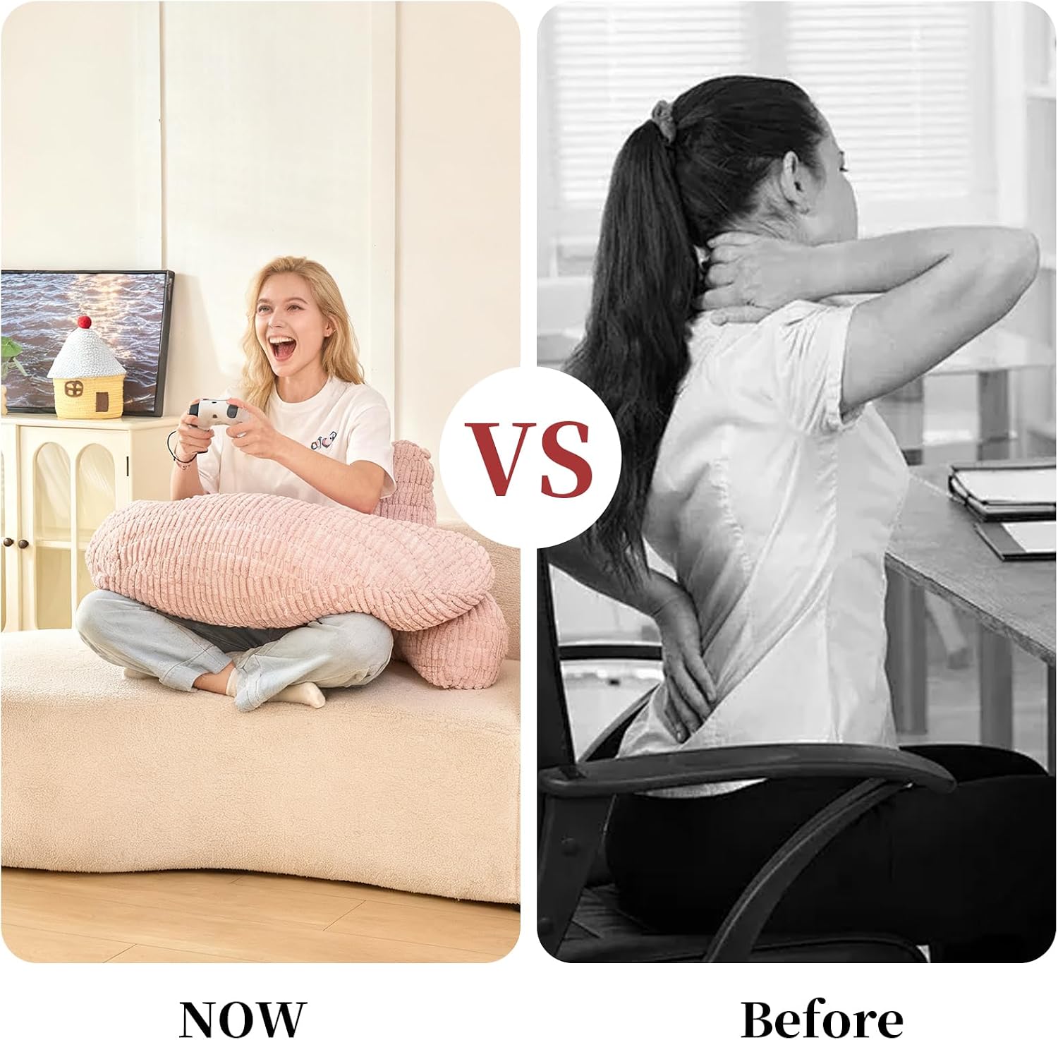 Pajeo Reading Pillow for Bed 17", Durable Striped Corduroy U Shaped Backrest with Arm Support, Ergonomic Gaming Cushion for Students, Small Be…