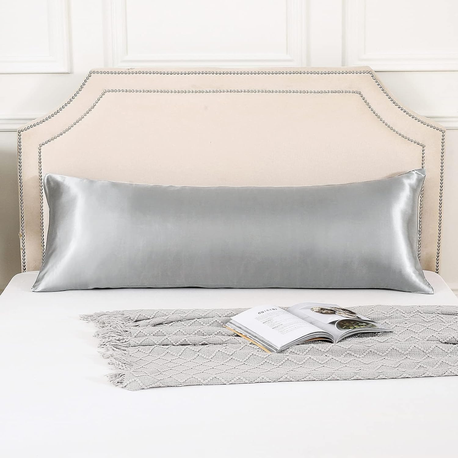 Huxmeyson Body Pillow with Satin Pillowcase, Body Pillow for Adults, Removable Cover, Silver Grey (20"x54") Silver