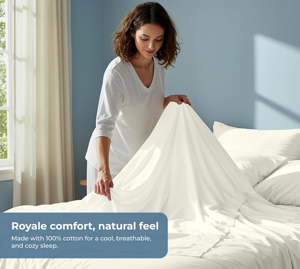 Royalelinens ROYALE LINENS 100% Organic Cotton Full Sheet Set - Percale Weave - 4 Pieces Set - 1 Flat, 1 Deep Pocket Fitted Sheet and 2 Pil…
