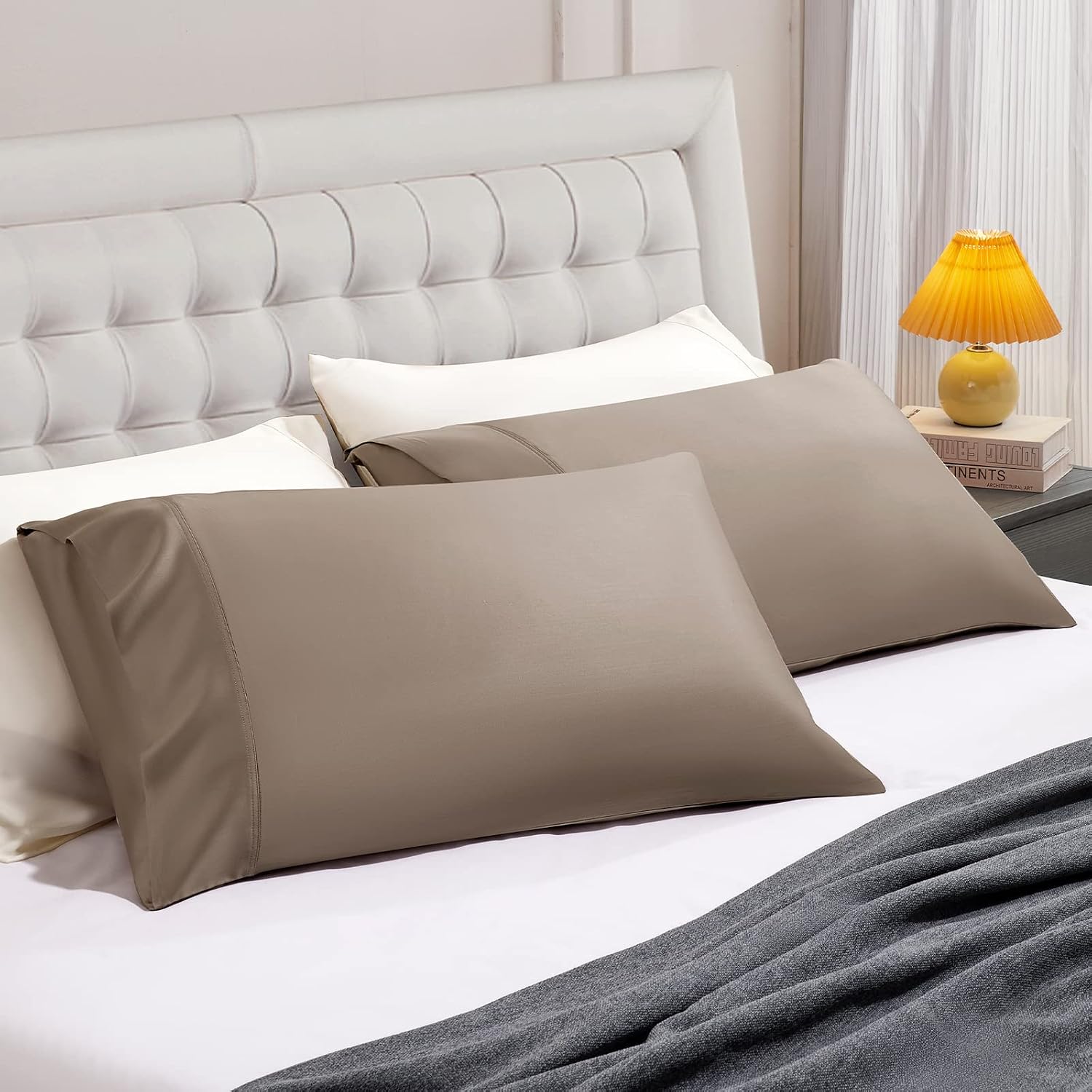 Stnomyhome Eucalyptus Tencel Cooling Pillowcase 2 Pack King Soft Brown | Moisture Wicking for Night Sweats | 3X Faster Drying | Oeko-TEX Ce…