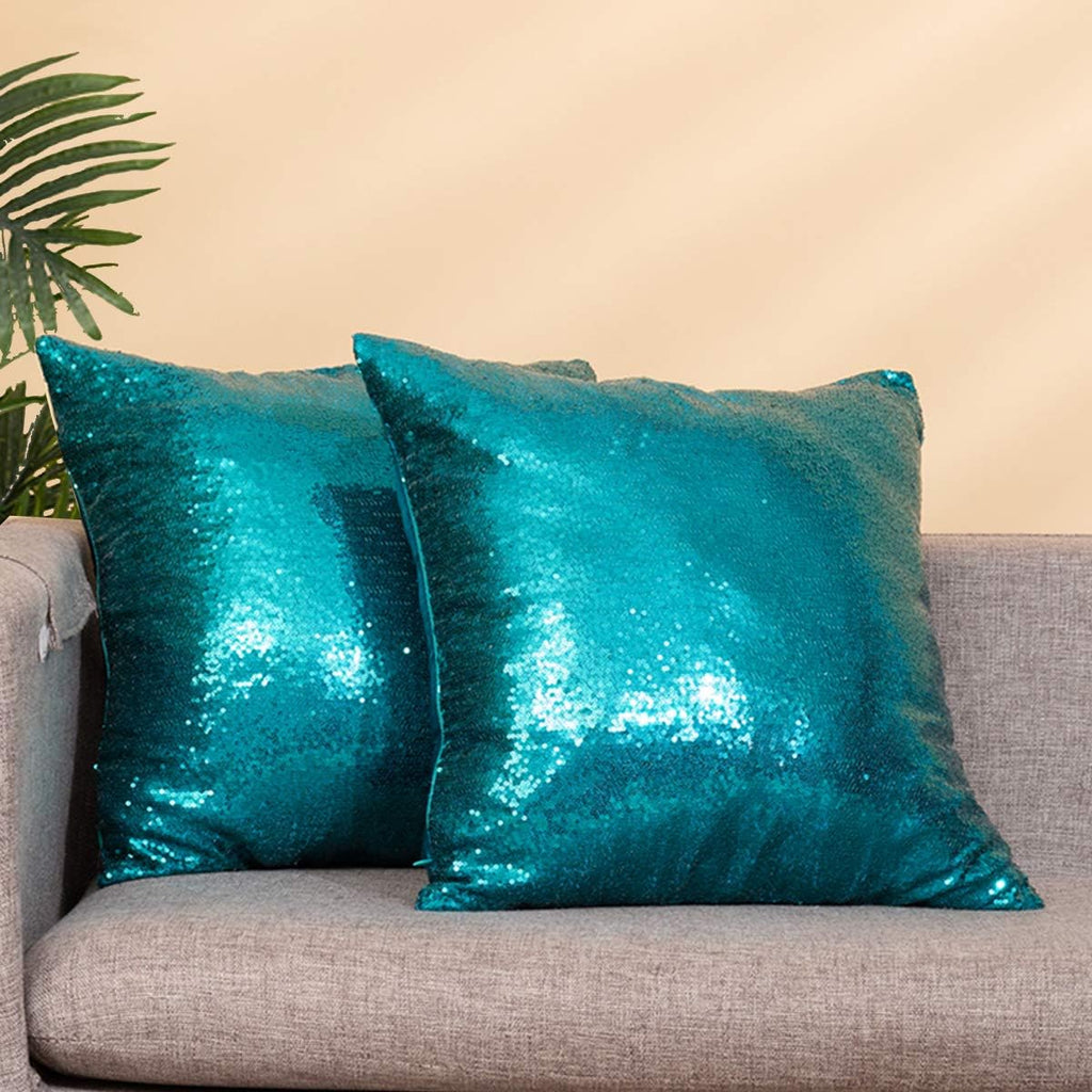 Eternal Beauty Set of 2 Sequin Decorative Pillow Cover Teal Throw Pillow Covers for Couch Throw Pillows 18 X 18 Inches