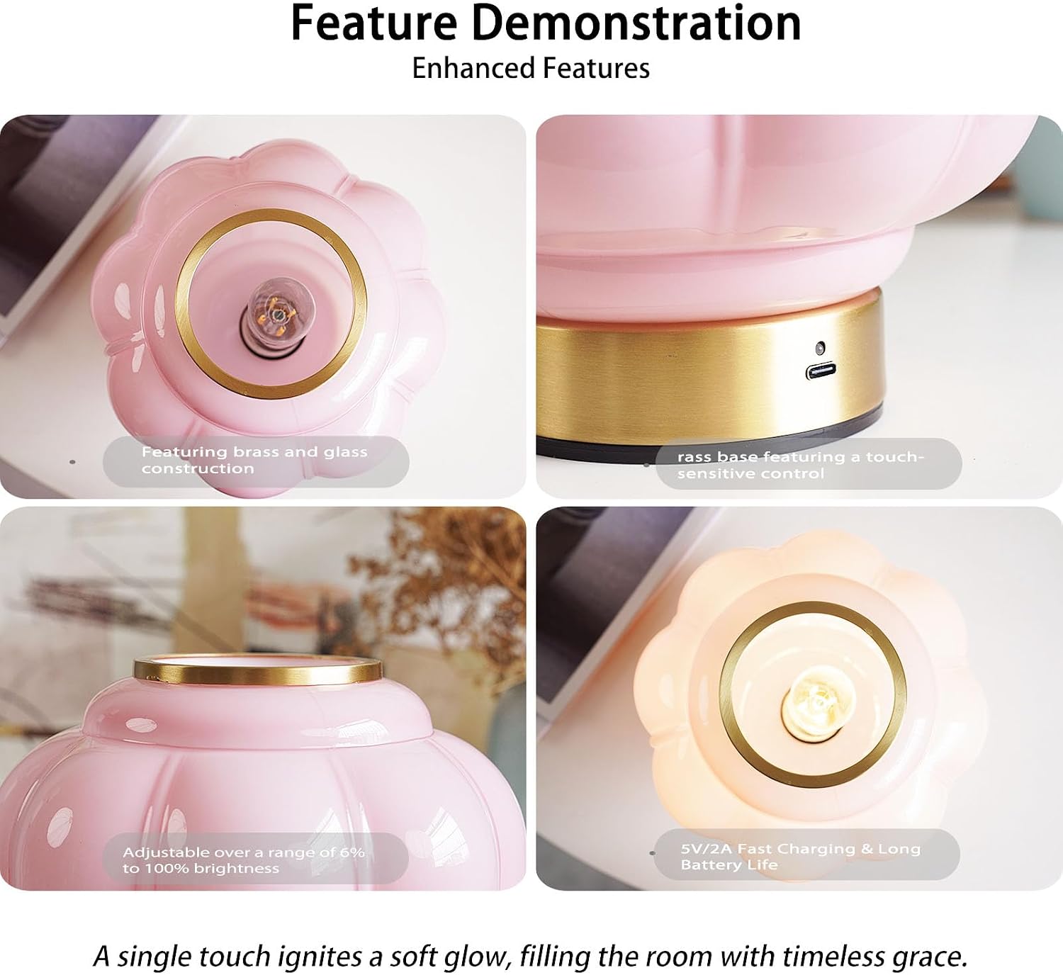 Mushroom Lamp, Cordless Rechargeable Table Lamp with Brass Base & Pink Glass Shade, 4W Dimmable Bedside Table Lamp, Small Vintage Desk…