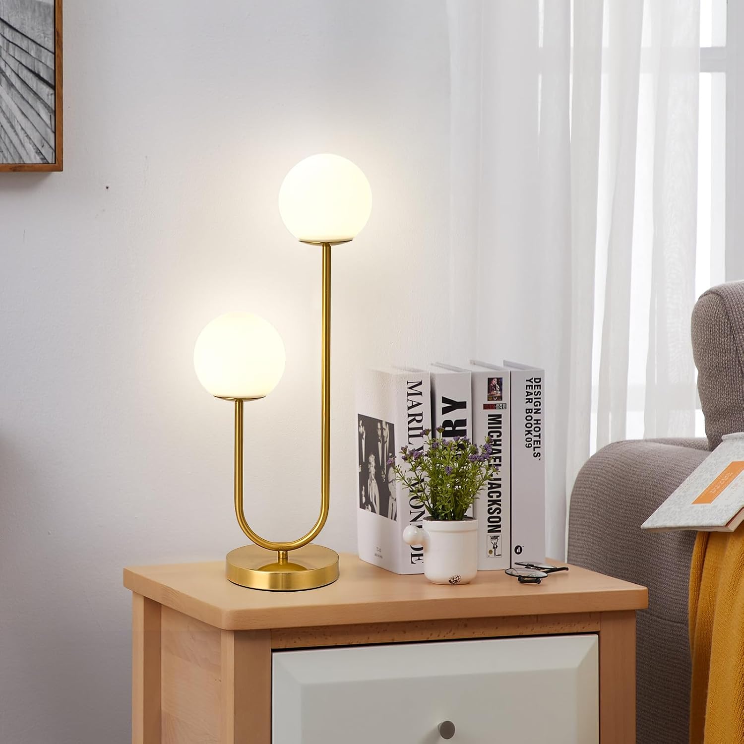 KardleenFocusOnIndoorLight Mid Century Modern Globe Table Lamp Gold U-Shape Glass Table lamp 2-Globe Bedside Lamp with LED G9 Light Source…