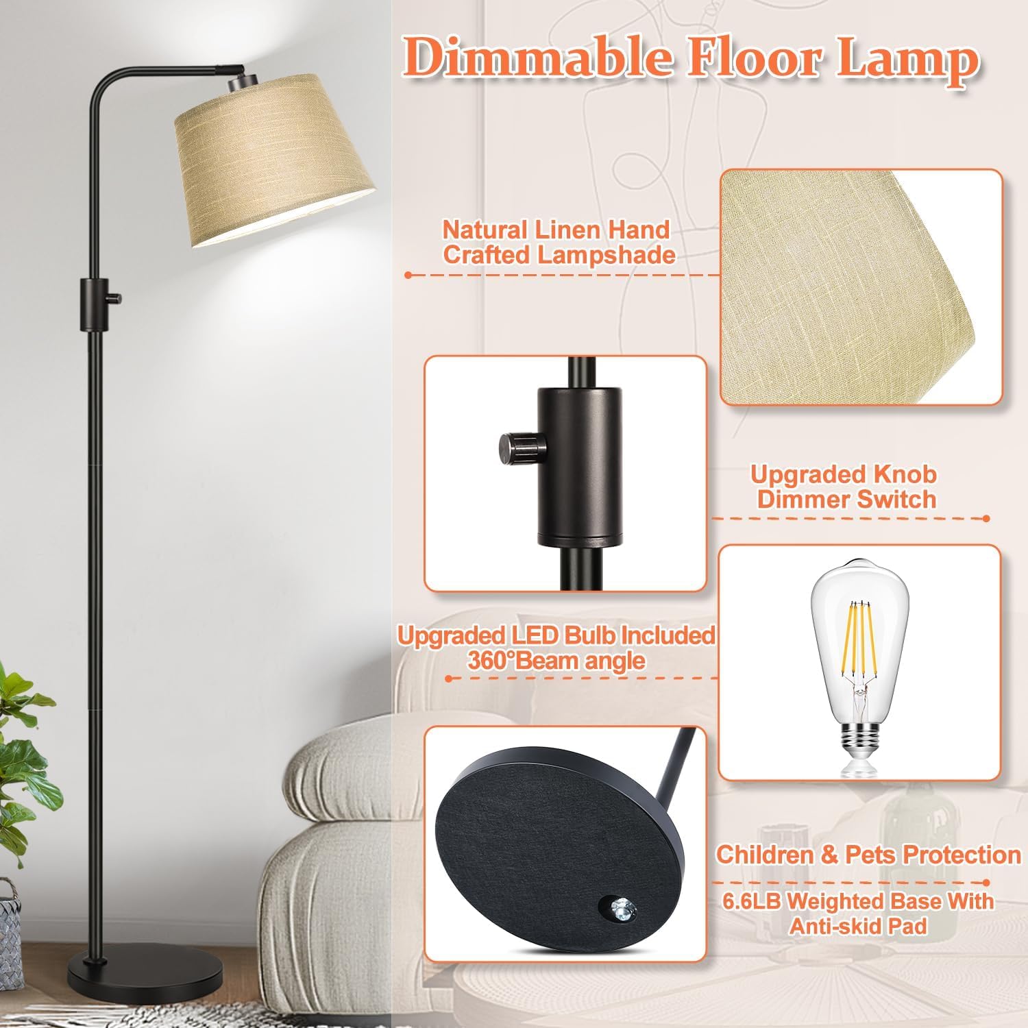 Nintiue Dimmable Floor Lamp, 1000 LM LED Edison Bulb Included, Arc Floor Lamps for Living Room Modern Standing Lamp Tall Lamps for Living…