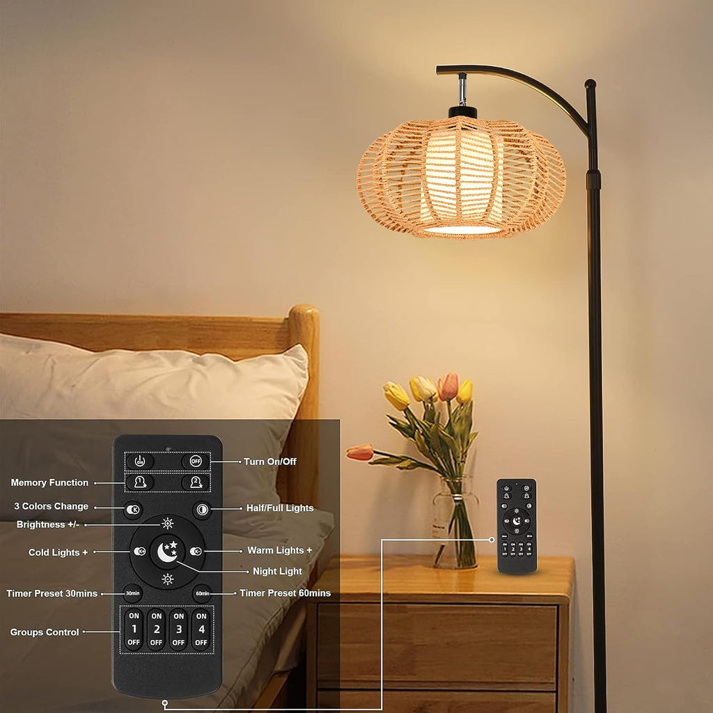 ZECOXOL Arc Floor Lamps for Living Room Bedroom Rattan Boho Floor Lamp with Remote Control, Dimmable Led Standing Lamp Wicker Lamp Shade…