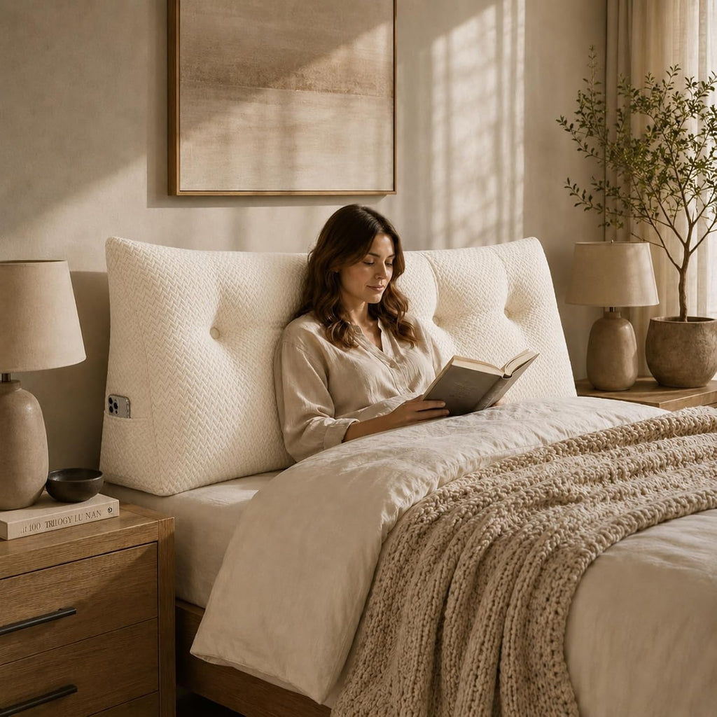 Headboard Pillow Queen Size, Reading Pillow for Bed, Wave Pattern Wedge Pillow, Tufted Backrest Support, Headboard Substitute, Beige