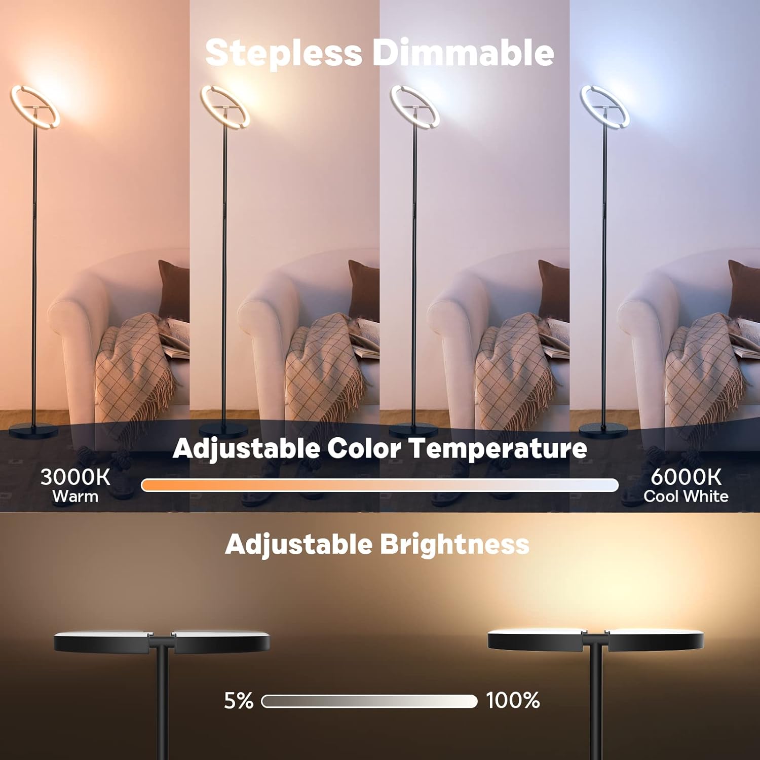 SIBRILLE RGBCW Floor Lamp, Color Changing Standing Lamp, Modern Stepless Dimmable LED Floor Light Tall Lamp with Remote Control, 20W…